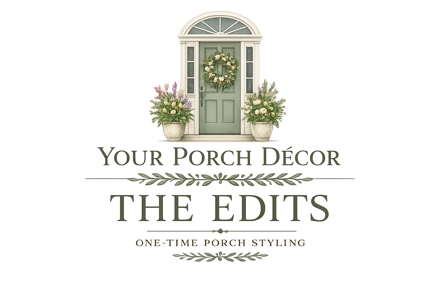 Decorative graphic featuring a green porch door with white trim, floral arrangements in white pots, and text that reads 'Your Porch Decor & The Edits'.