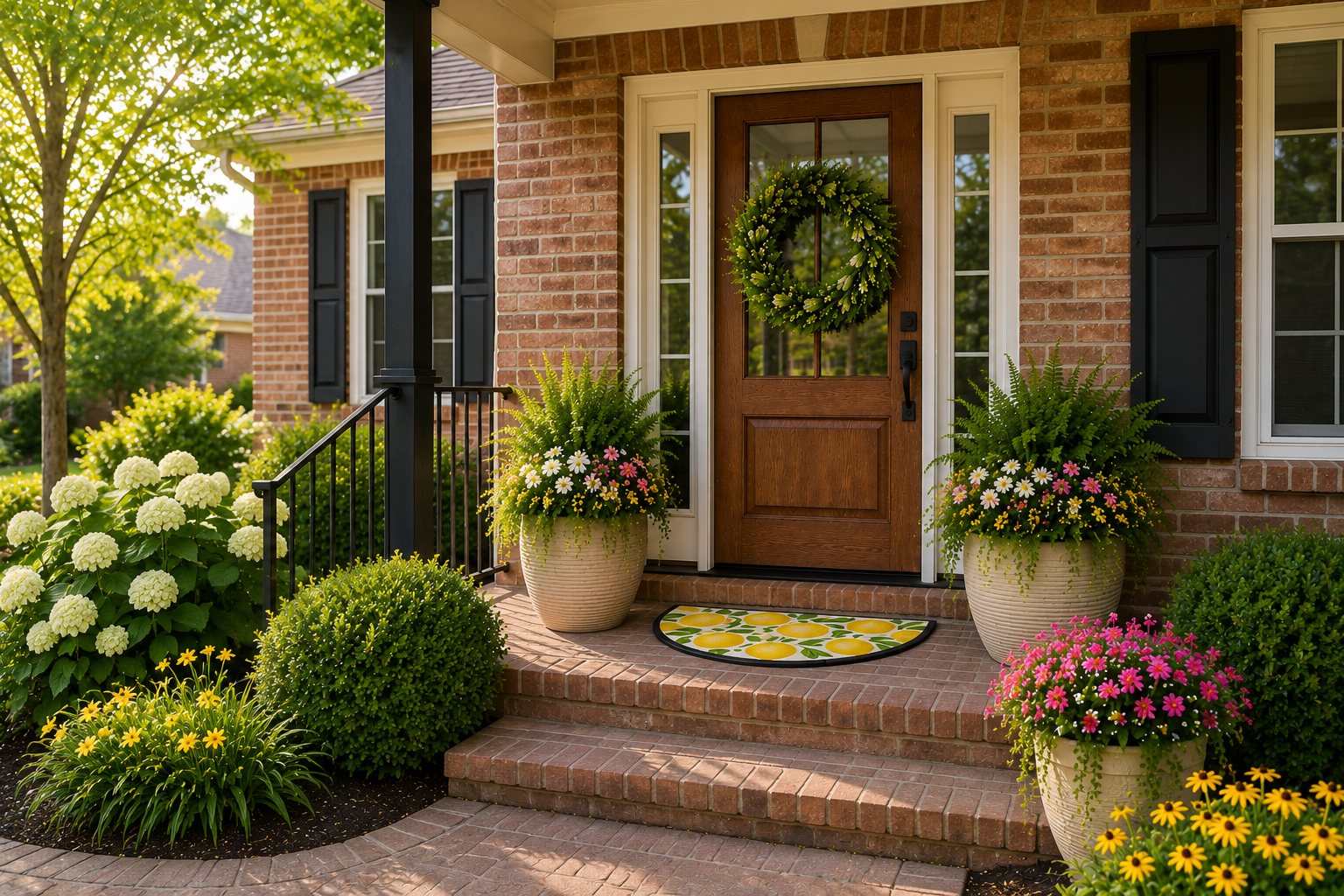 Front porch of a brick house decorated for spring with white, yellow, and pink flowers in large pots, a green wreath on the door, and a colorful lemon-patterned doormat.
