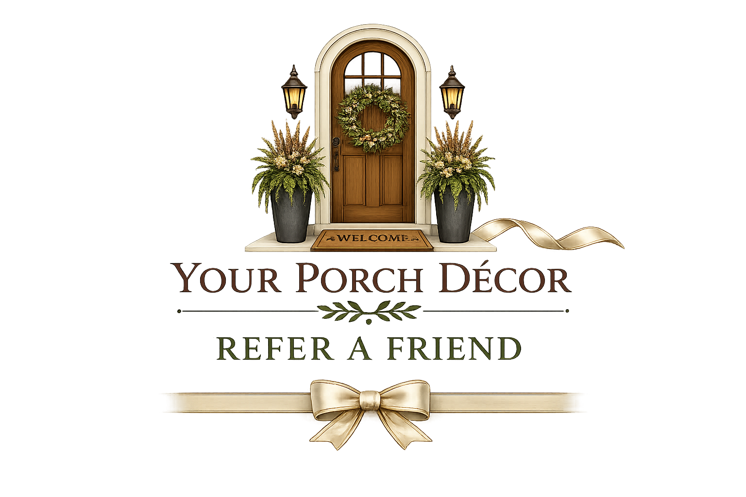 Decorative porch entrance with a wooden door adorned with a wreath, flanked by two large black planters with greenery and flowers, lit by two wall-mounted lanterns, and a welcome mat on the step. Text overlay says 'Your Porch Décor' and 'Refer a Friend' with a gold bow.