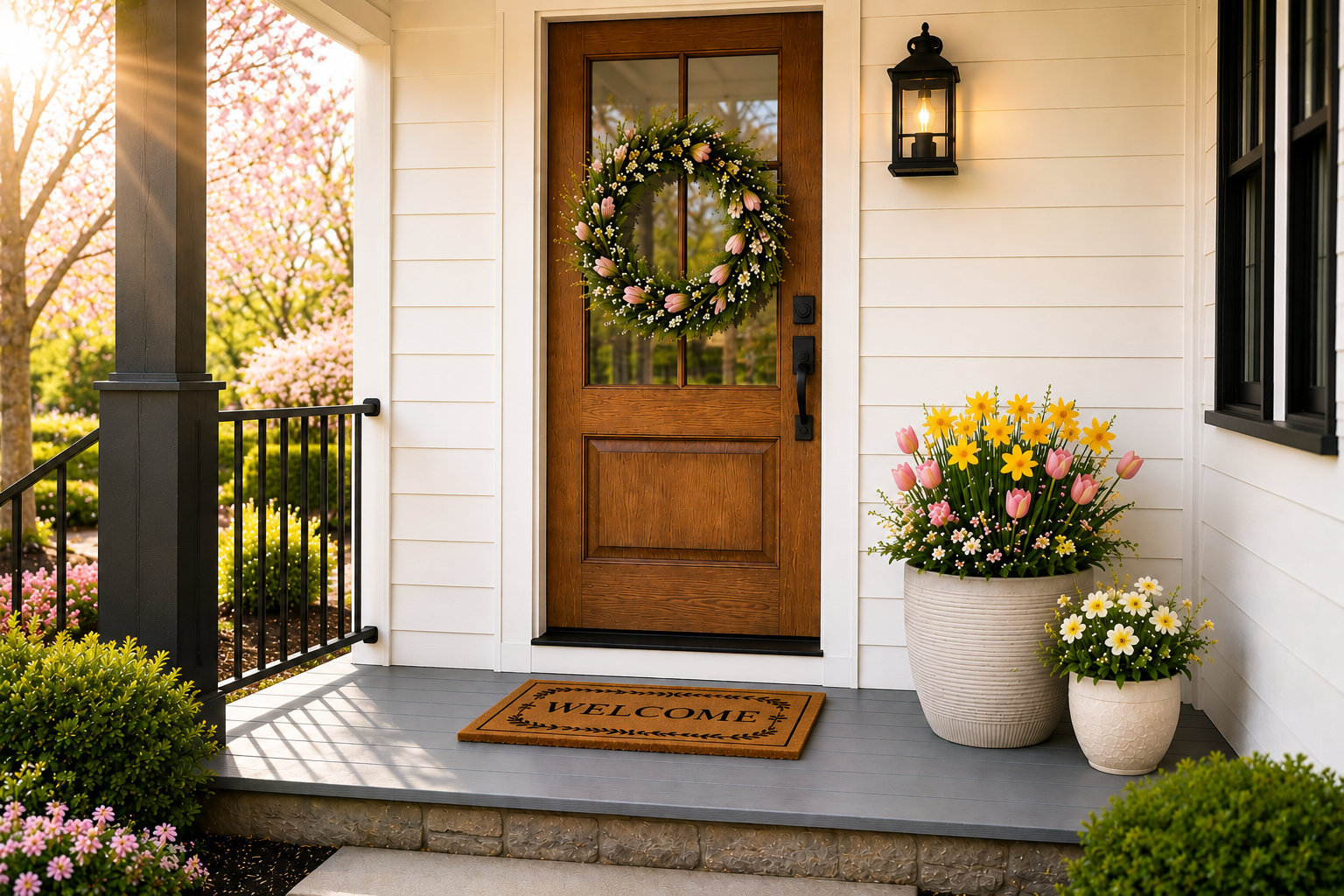 Front porch of a house with a wooden door decorated with a floral wreath, a welcome doormat, and flower pots with pink tulips and white daisies, and a black wall lantern. The porch has a gray floor and is surrounded by pink flowering trees.