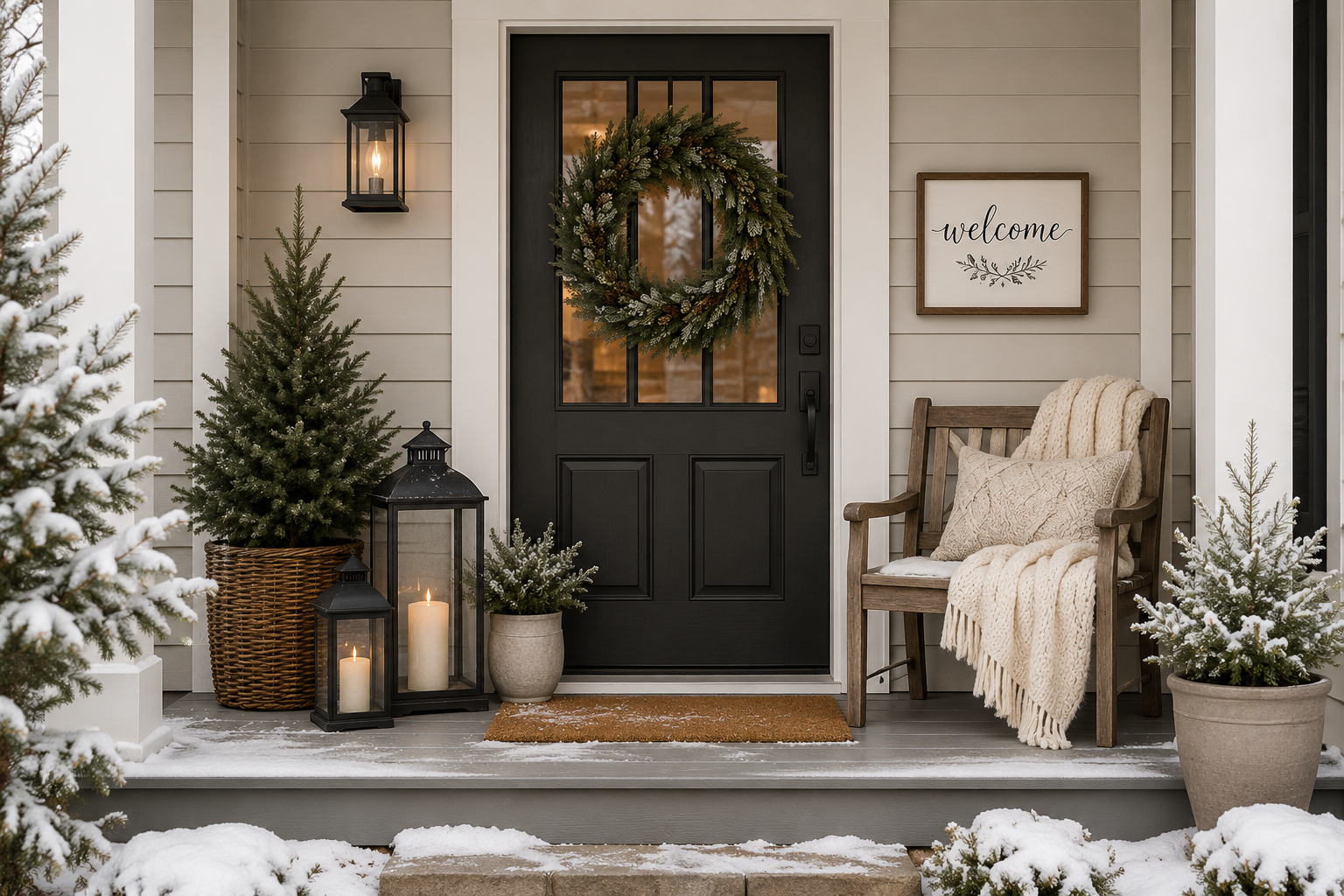 Front porch decorated for winter with potted snow-dusted evergreen trees, candles in lanterns, a doormat, and a welcome sign, with a black door and wreath