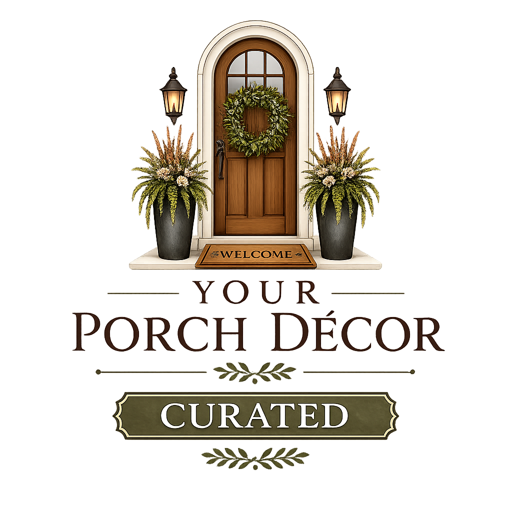 Front porch with a wooden door decorated with a green wreath, flanked by two large potted plants, and illuminated by two wall sconces. There is a welcome mat in front of the door, and text on the image reads "Your Porch Décor Curated."