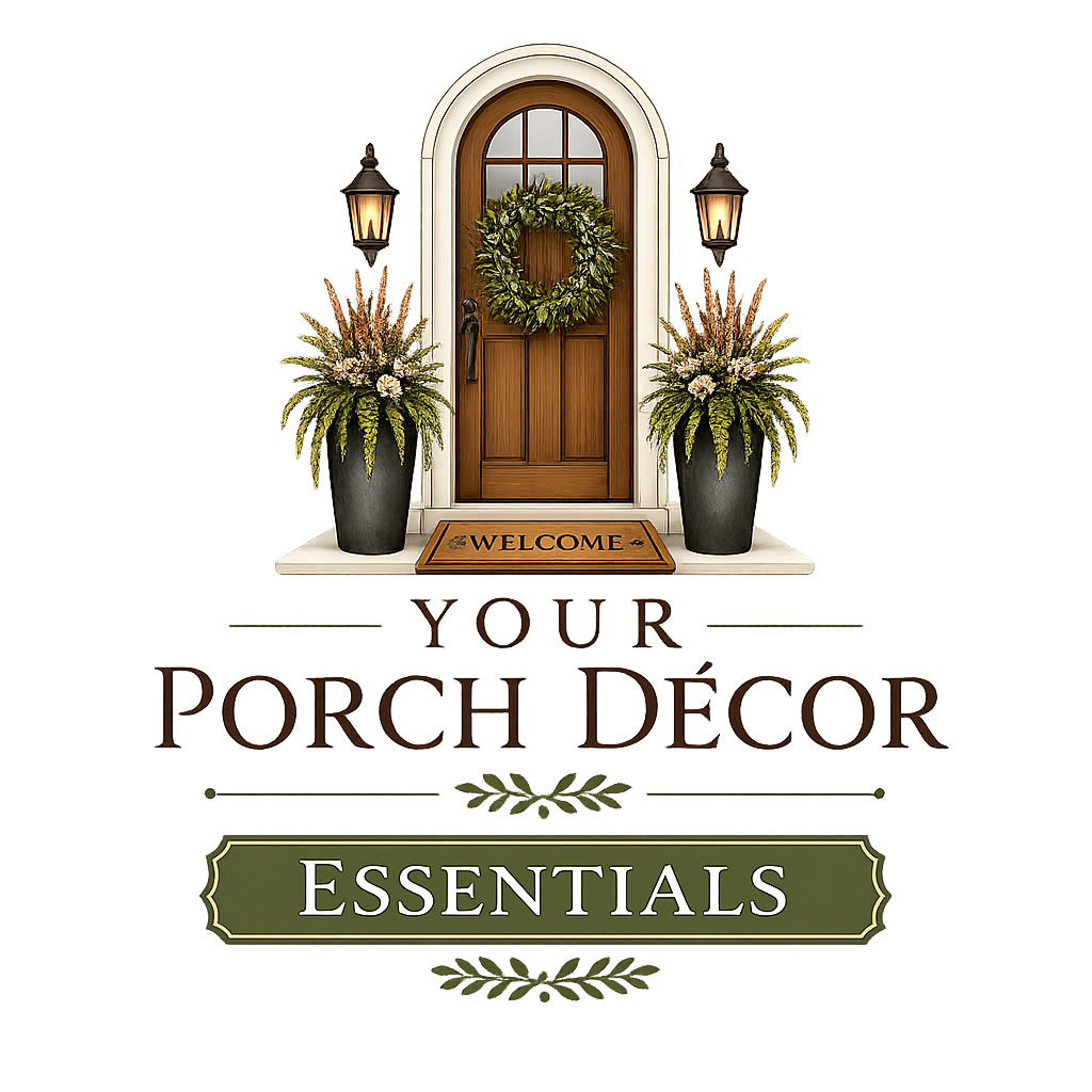 A cozy front porch with a wooden door decorated with a green wreath. Two large flower pots with plants flank the door, illuminated by two black lantern-style lights. A welcome mat sits in front of the door. The text on the image reads "Your Porch Décor Essentials."