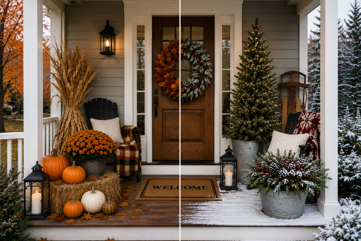 Decorated front porch with fall and Christmas decorations, including pumpkins, a wreath, a Christmas tree, candles, and holiday pillows.