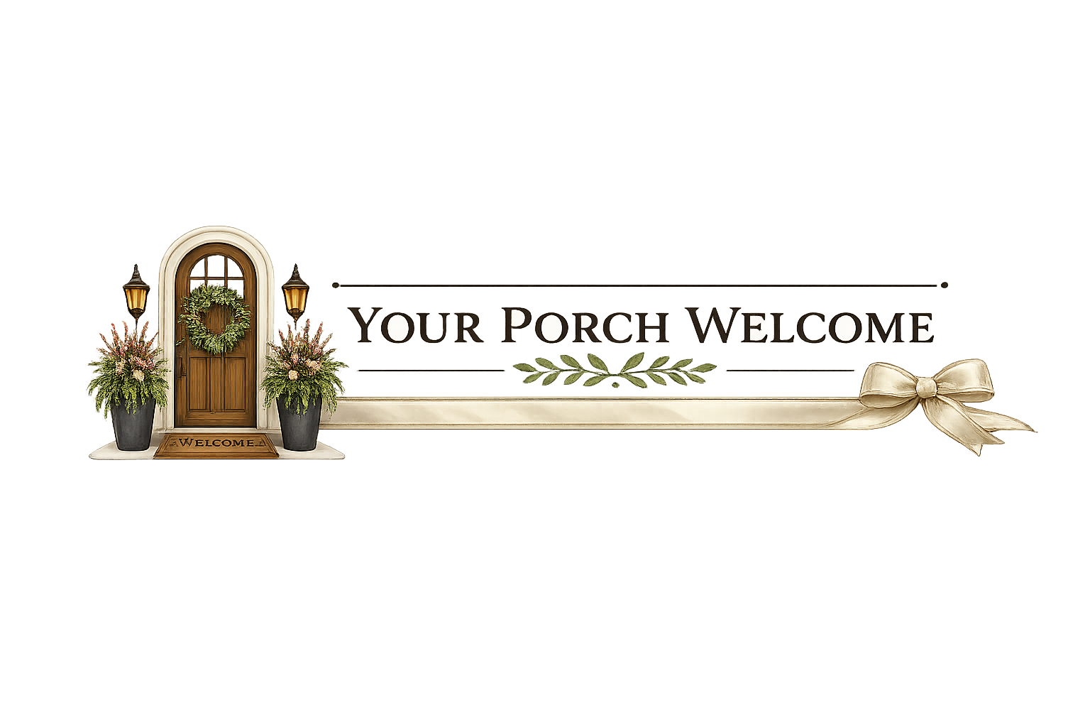 Decorative porch sign with a small wooden door, wreath, and potted flowers, reading 'Your Porch Welcome' with a bow and greenery accents.
