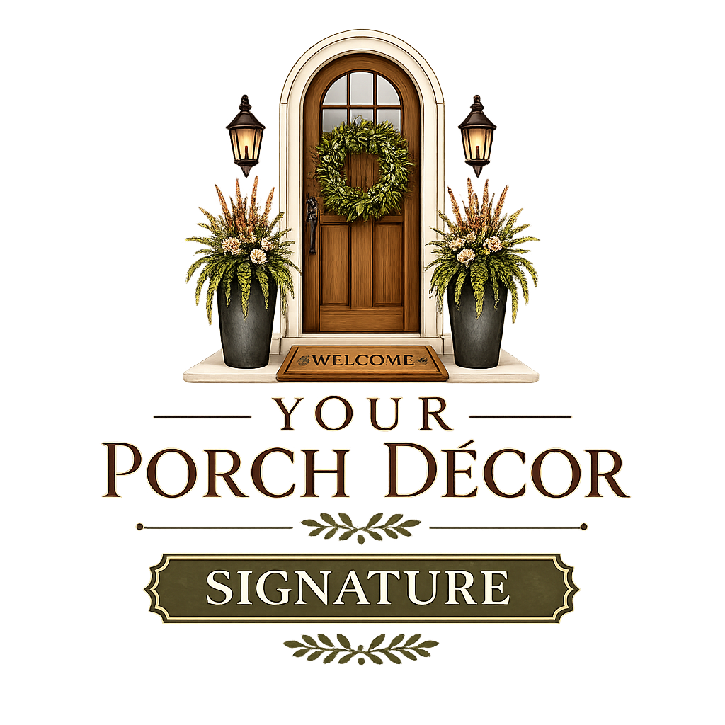 Decorative front porch with a wooden door adorned with a green wreath, flanked by two large flower pots with greenery and flowers, and two lantern-style wall sconces. The image also contains text that reads "Your Porch Décor Signature" with a welcome mat at the entrance.