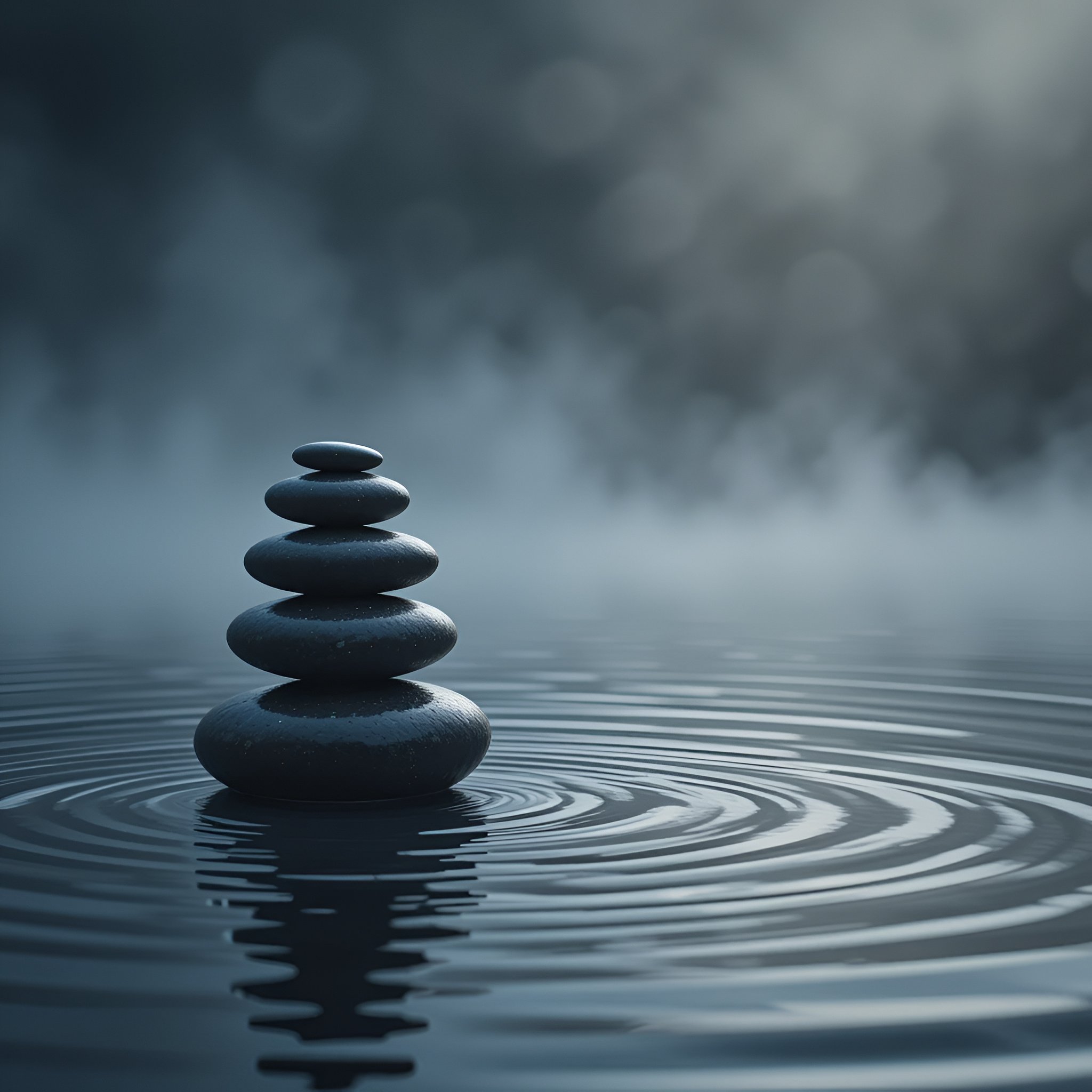 Stack of five smooth, rounded stones balanced on top of each other in water with ripples, overcast sky in background.