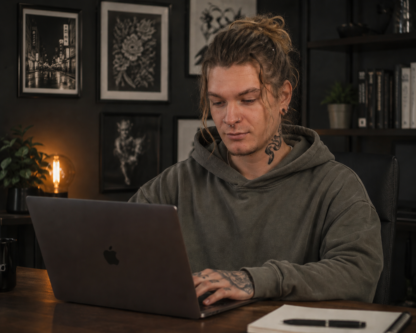 A young man with tattoos and piercings sitting at a desk working on a MacBook in a modern home office with framed artwork and a potted plant in the background.