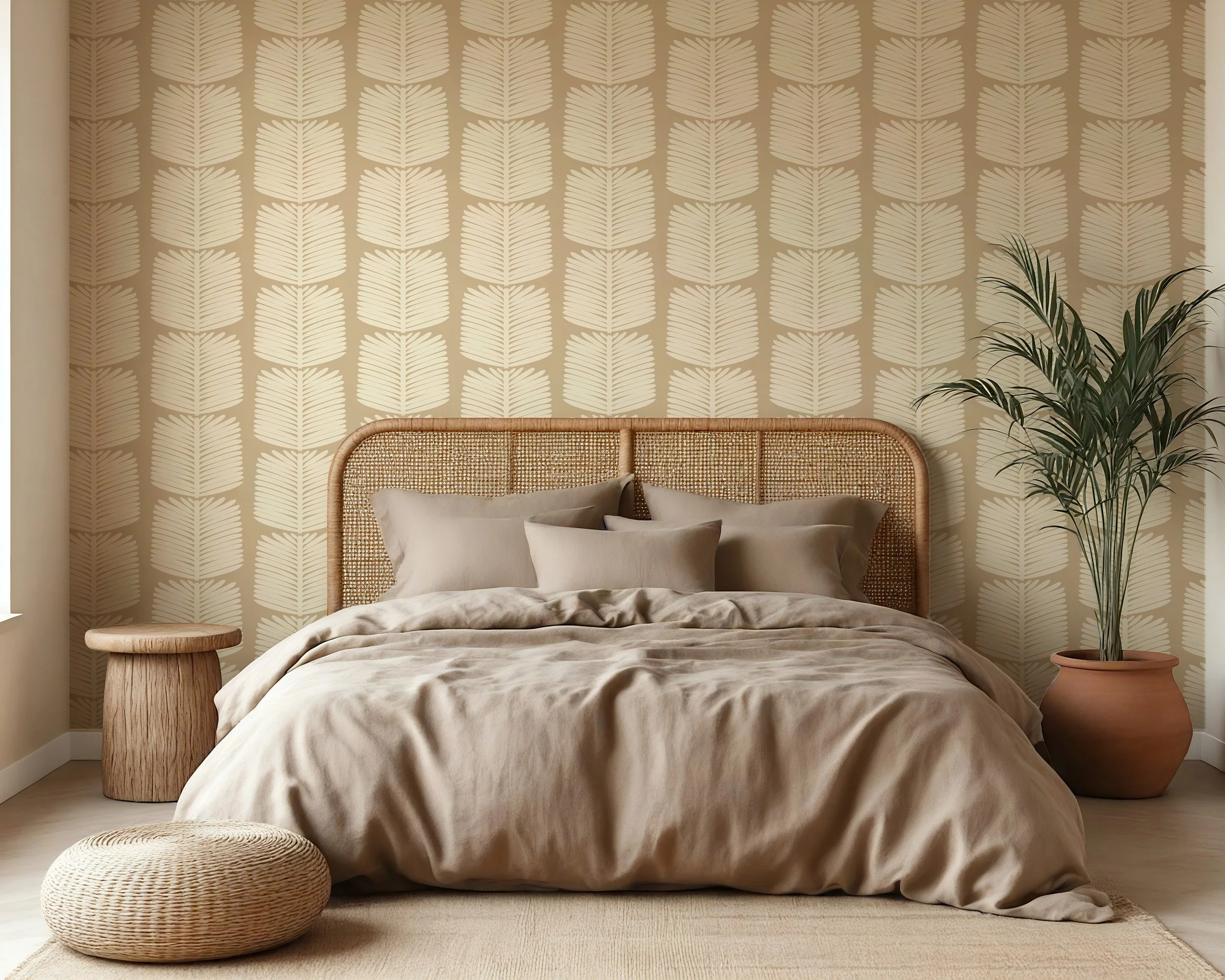 Bedroom featuring beige botanical wallpaper with a hand-drawn leaf pattern by Lauren Davis Designs.