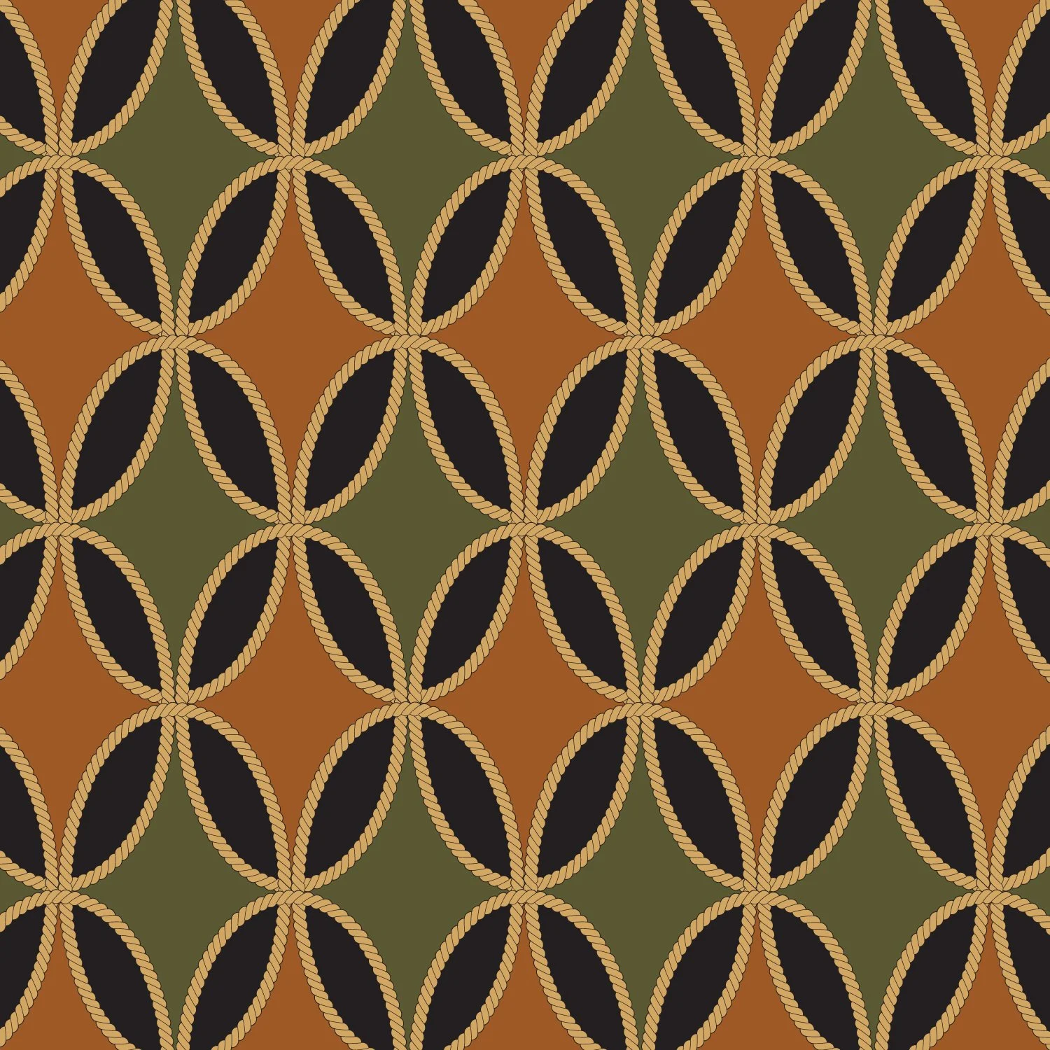 Seamless geometric pattern featuring overlapping circles with rope texture on a background of green and brown hues.