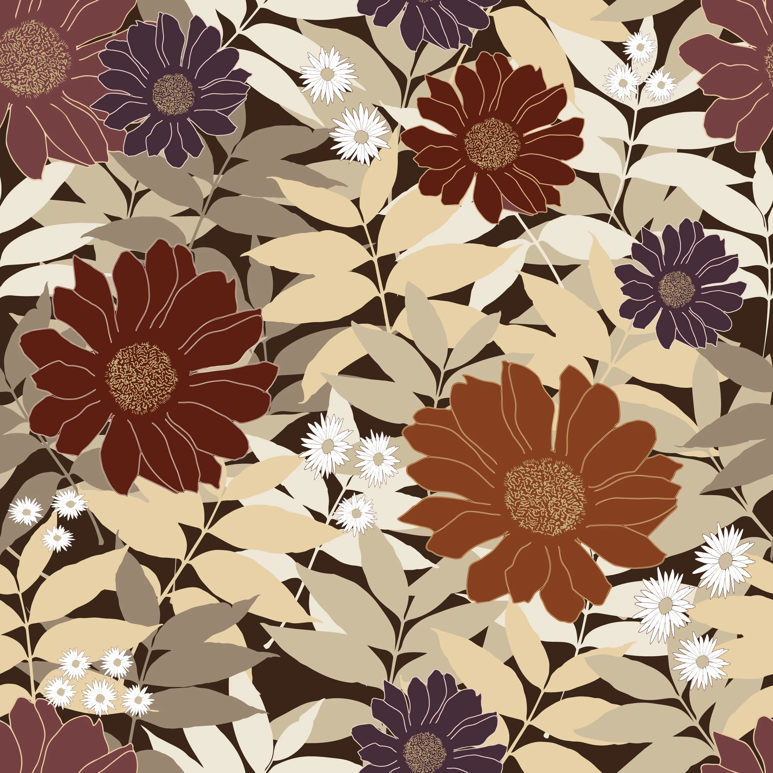 A seamless floral pattern featuring large maroon and dark purple flowers with intricate centers, surrounded by beige and taupe leaves and smaller white flowers on a dark background.