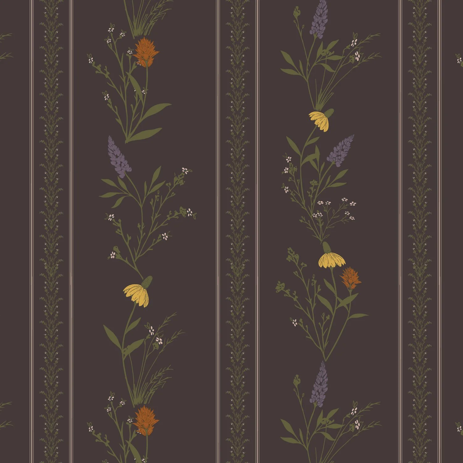 A dark background with vertical floral pattern featuring various flowers and leaves in muted colors such as purple, yellow, orange, and green, arranged in vertical stripes.