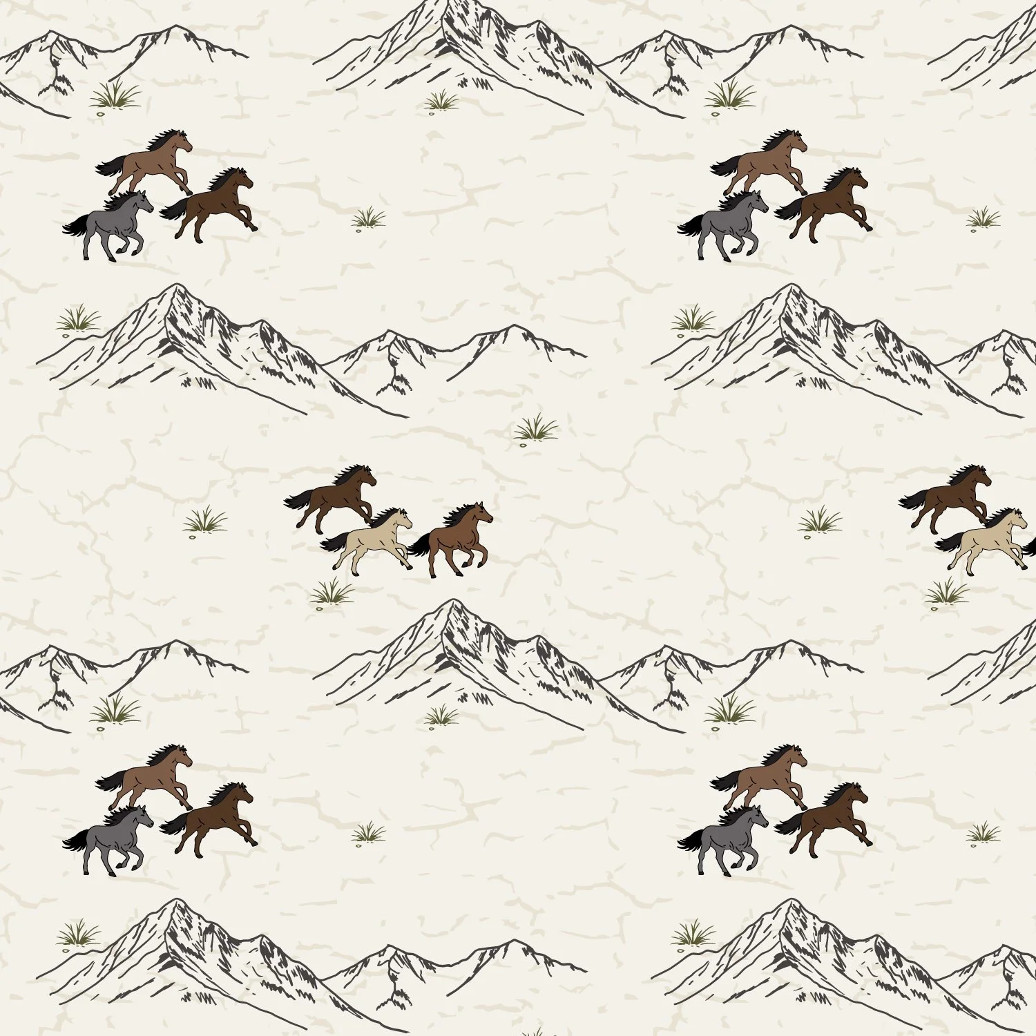 Pattern of horses running through a desert landscape with mountains and sparse vegetation.