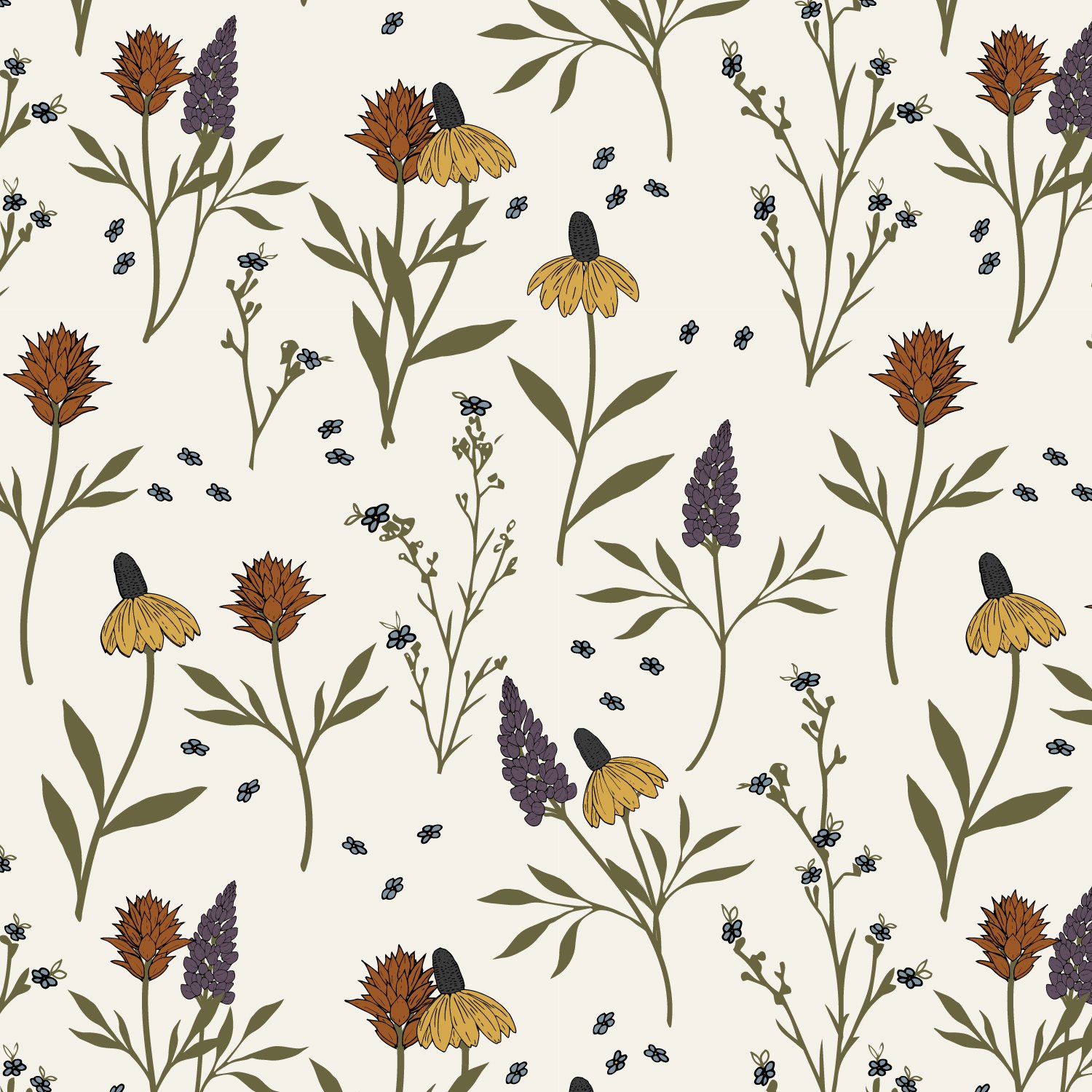 A seamless pattern with yellow coneflowers, purple lavender, brown pinecones, small blue flowers, and green leaves on a light background.