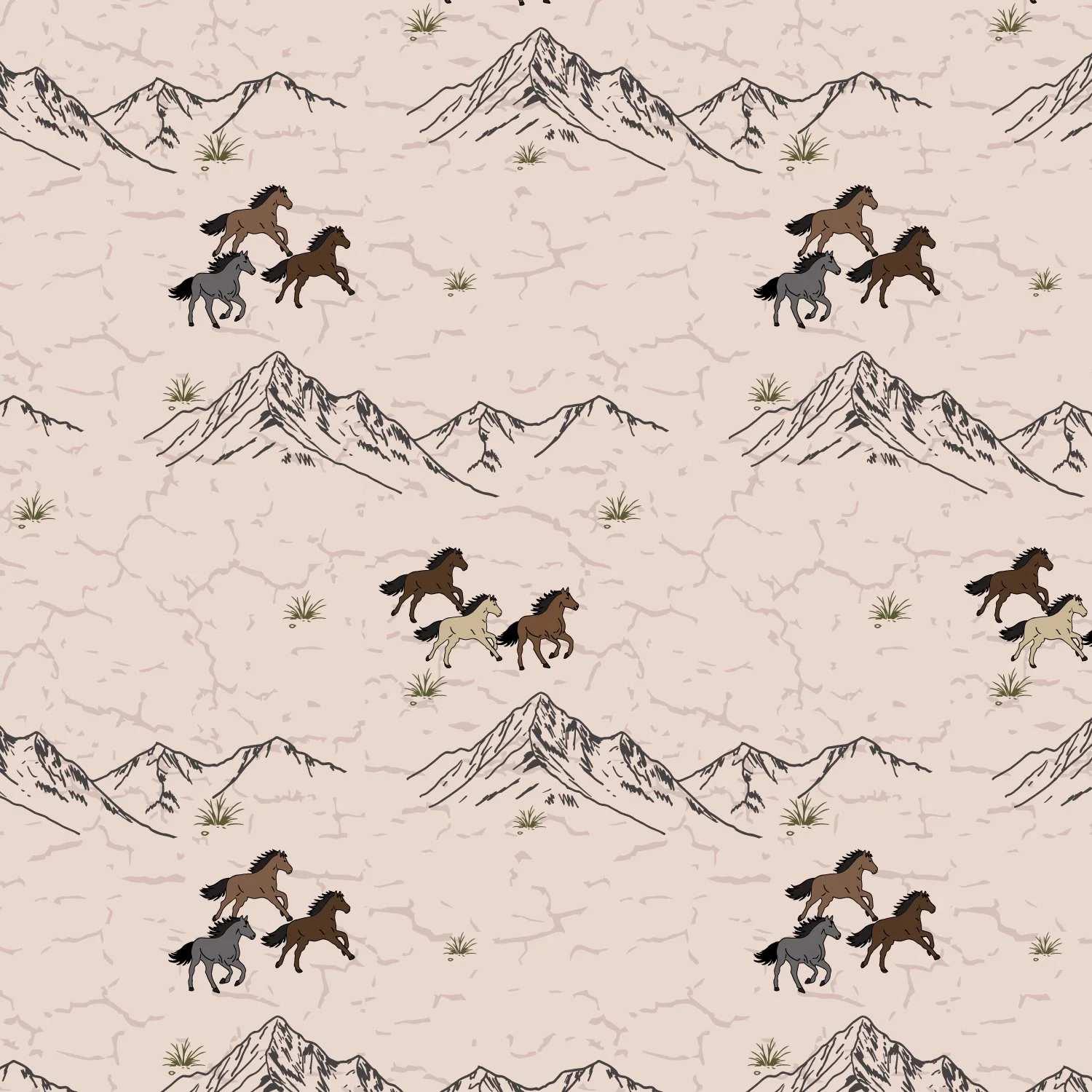 Pattern featuring mountains, desert plants, and running horses on a beige background.