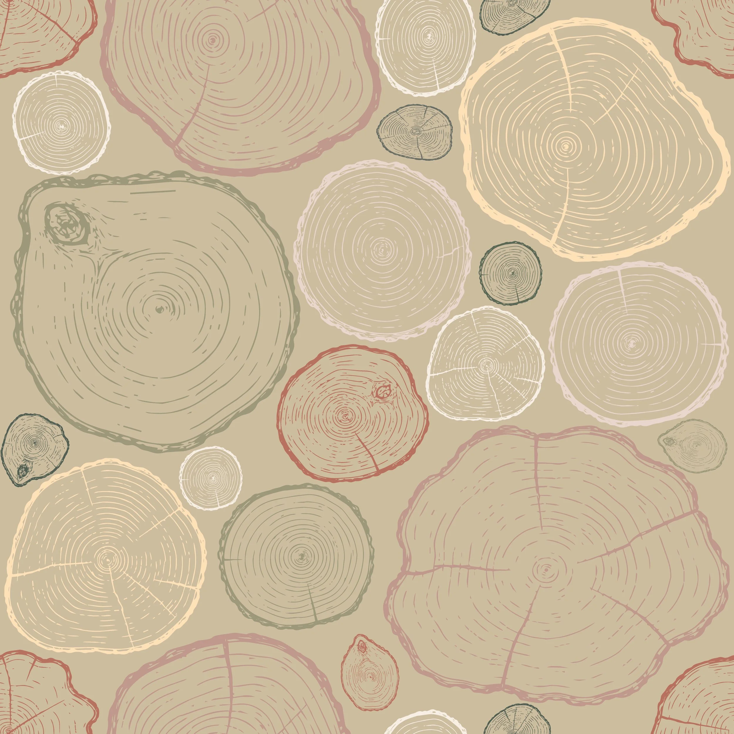 Pattern of tree cross-sections resembling sliced wood logs in various sizes and colors on a beige background.