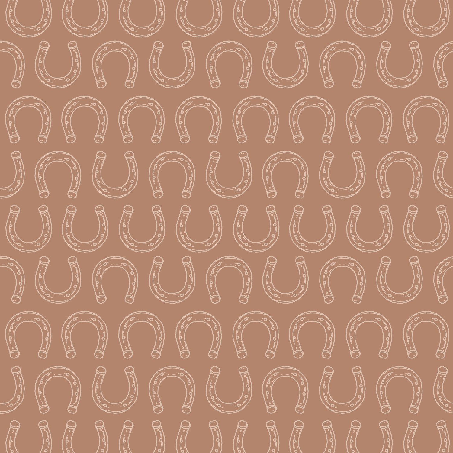 Horseshoe Trail, a hand-drawn western surface pattern featuring horseshoes on a dusty rose background.