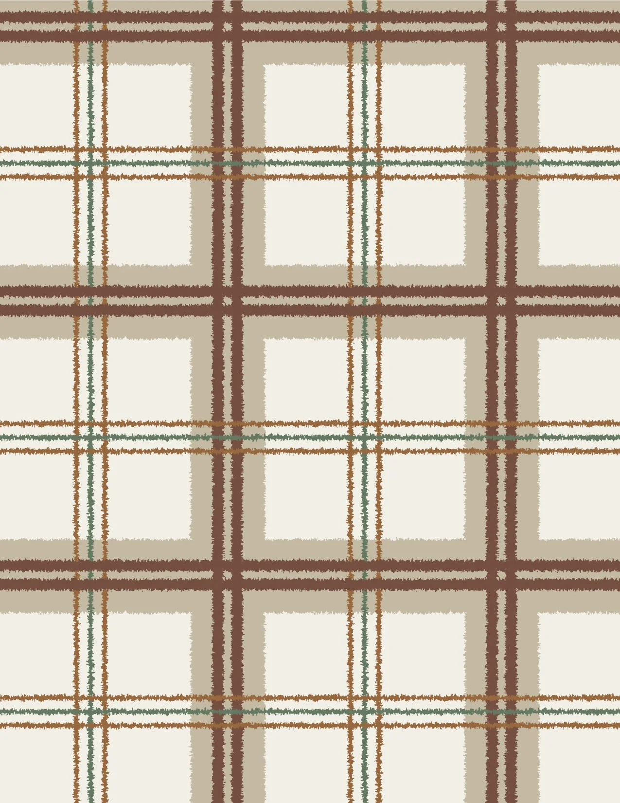 Close-up of a classic tartan plaid fabric pattern in beige, brown, green, and black.