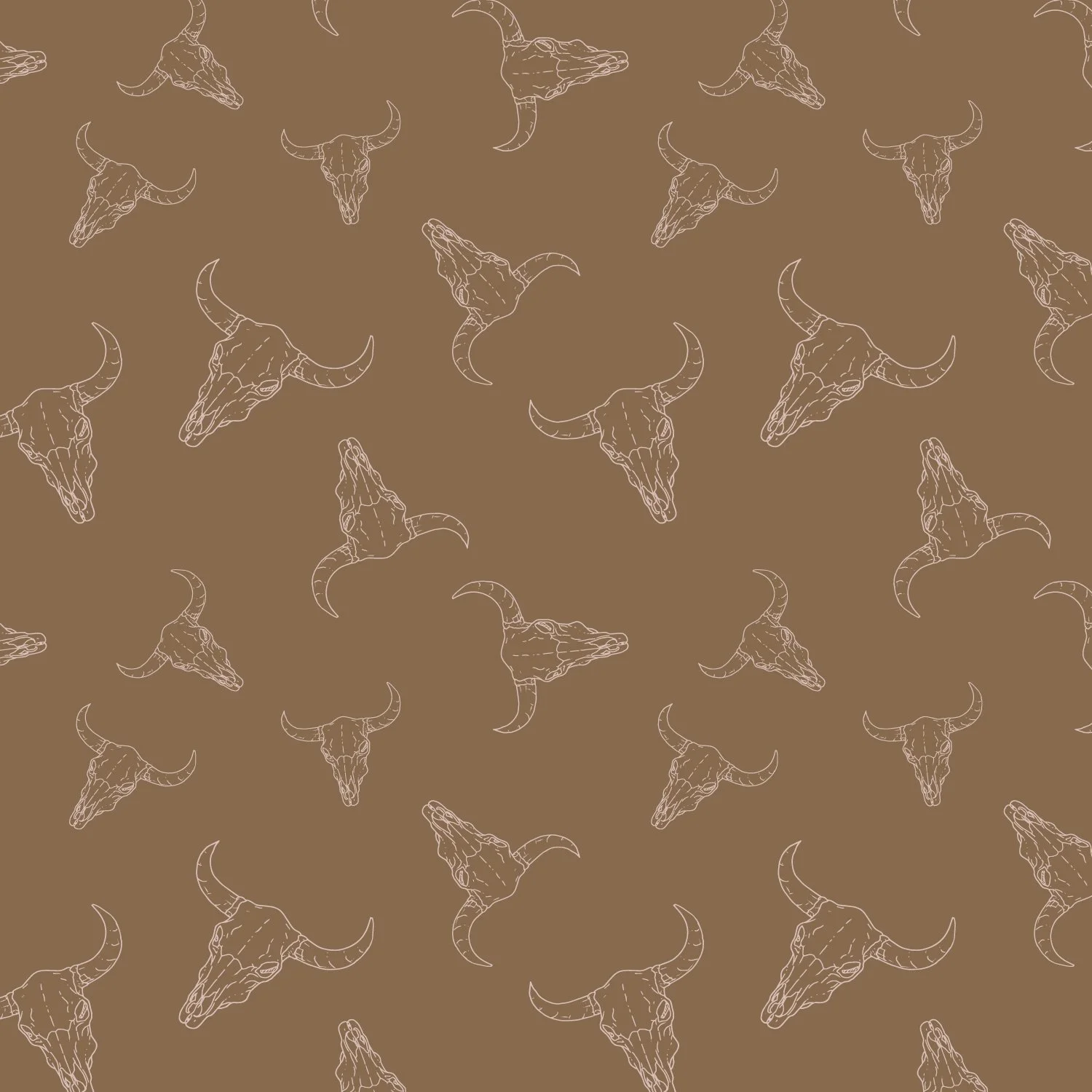 High Country, a western-inspired surface pattern featuring hand-drawn longhorn skulls on a warm taupe background.
