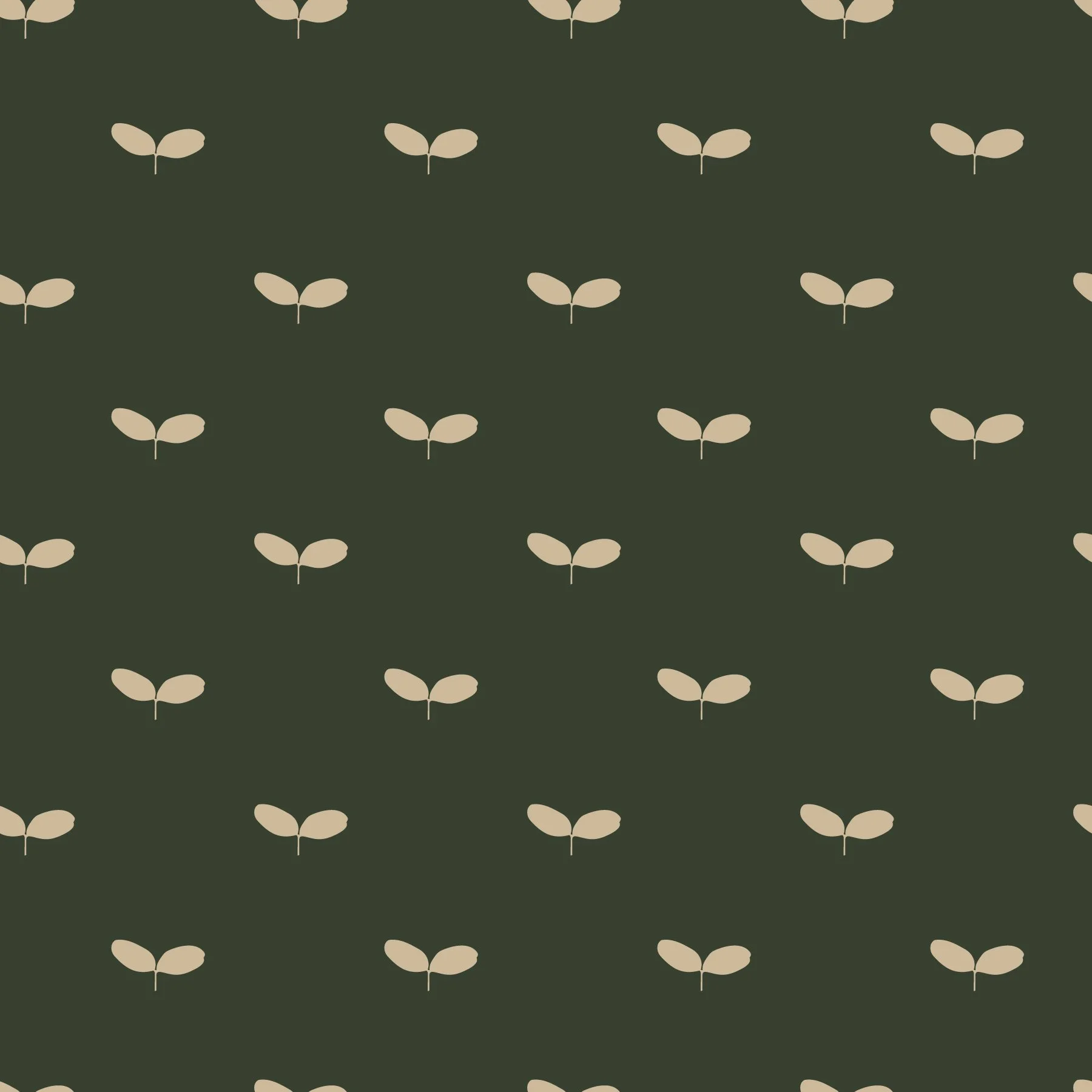 A dark green background with a repeating pattern of beige, stylized plant sprouts, each with two oval-shaped leaves.