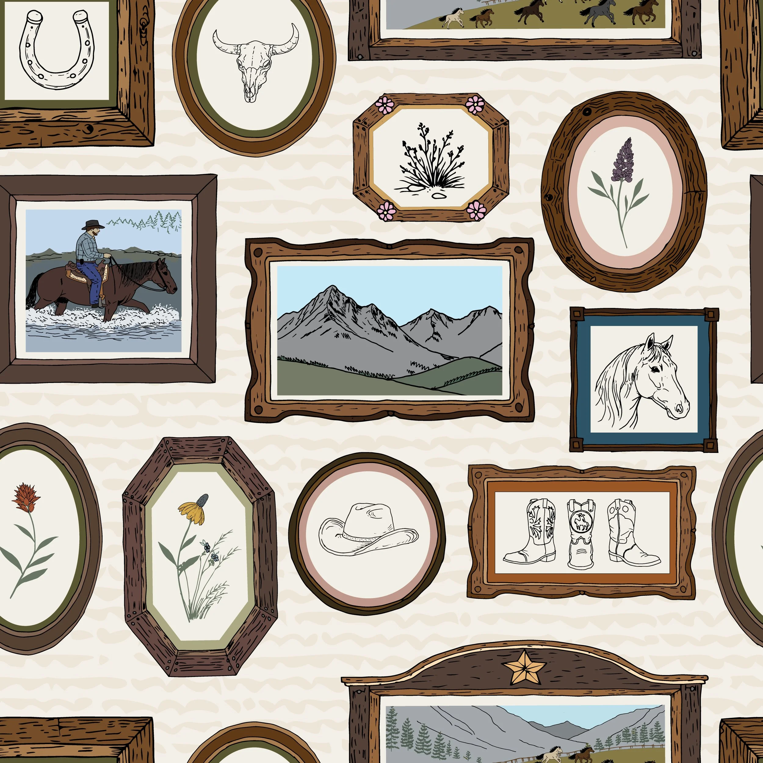 Collection of framed artwork and photographs with outdoor and nature themes, including mountains, horses, a cowboy riding a horse, a cow skull, a horseshoe, plants, and other nature-related images, arranged on a wall.
