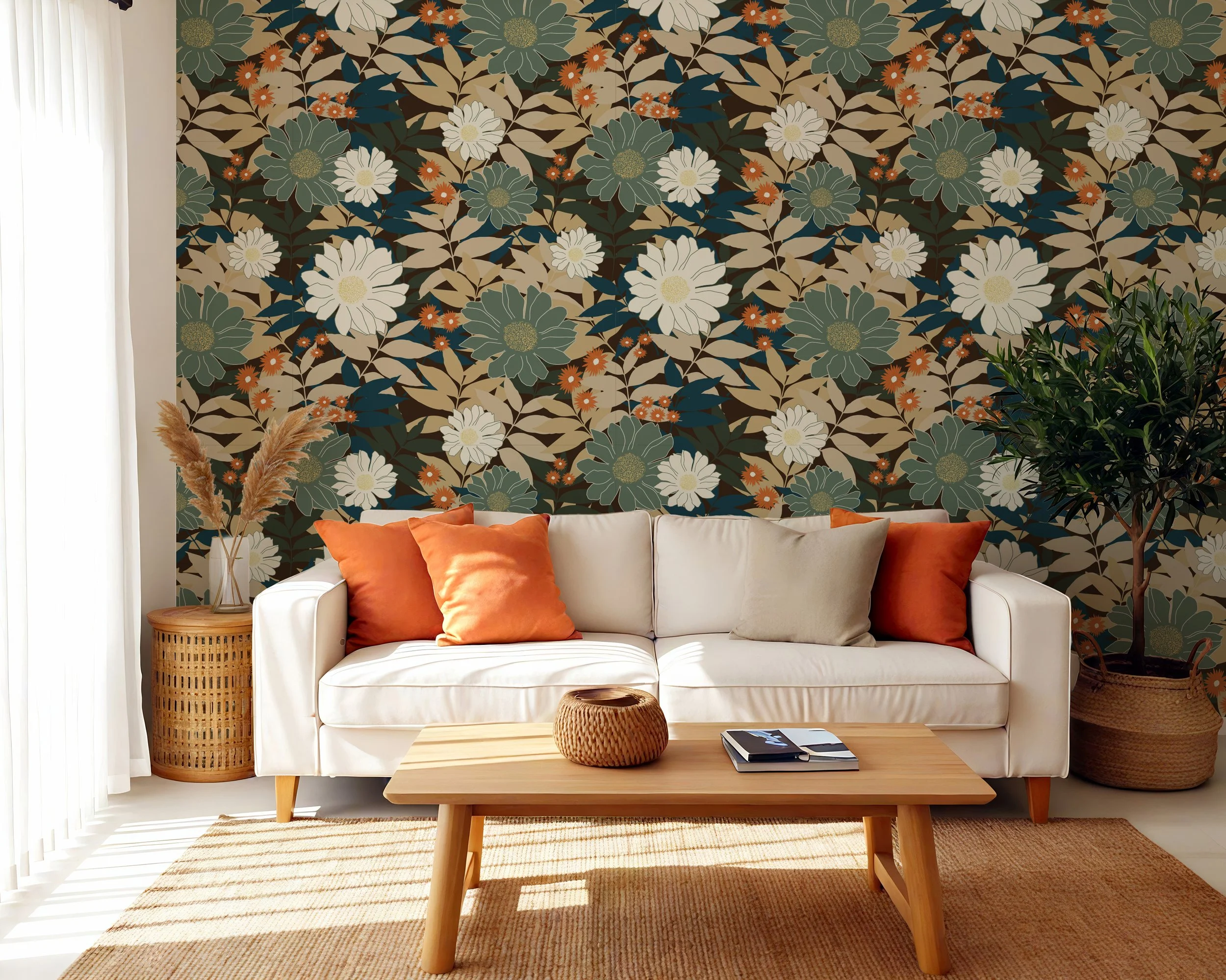 Living room featuring hand-drawn floral wallpaper in warm green, cream, and natural tones by Lauren Davis Designs.