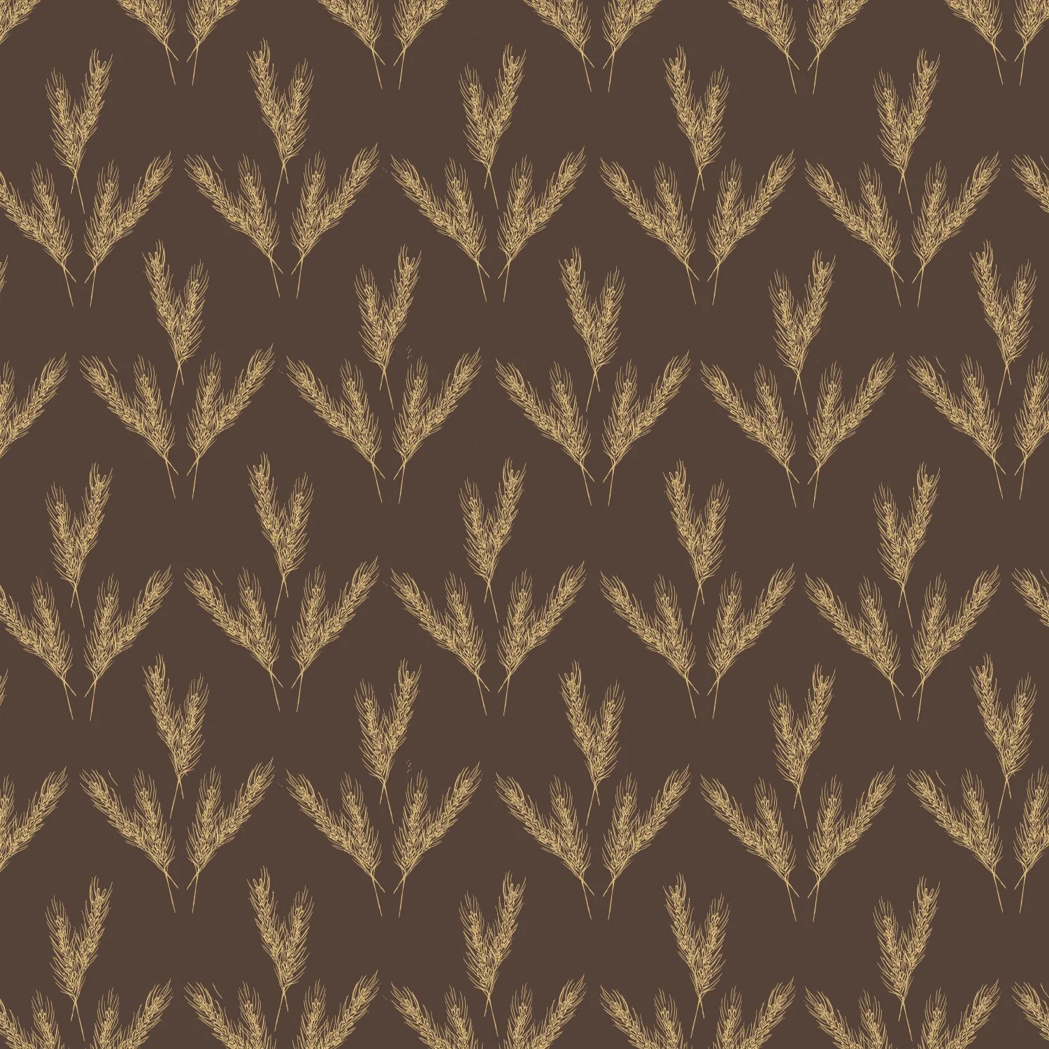 Pattern of beige wheat stalks on a dark brown background.
