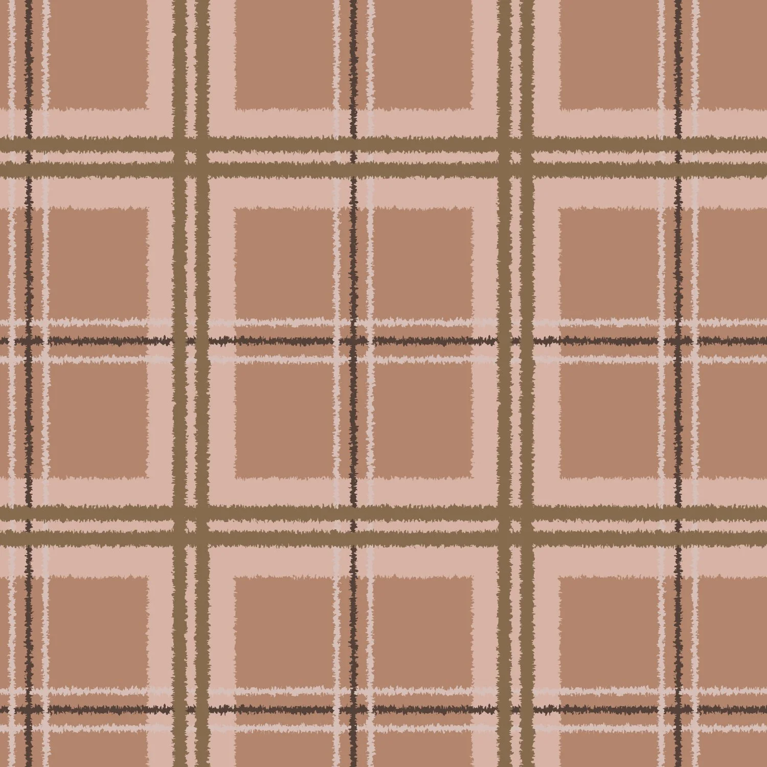 A close-up of a fabric with a plaid pattern in shades of brown, pink, beige, and dark brown.