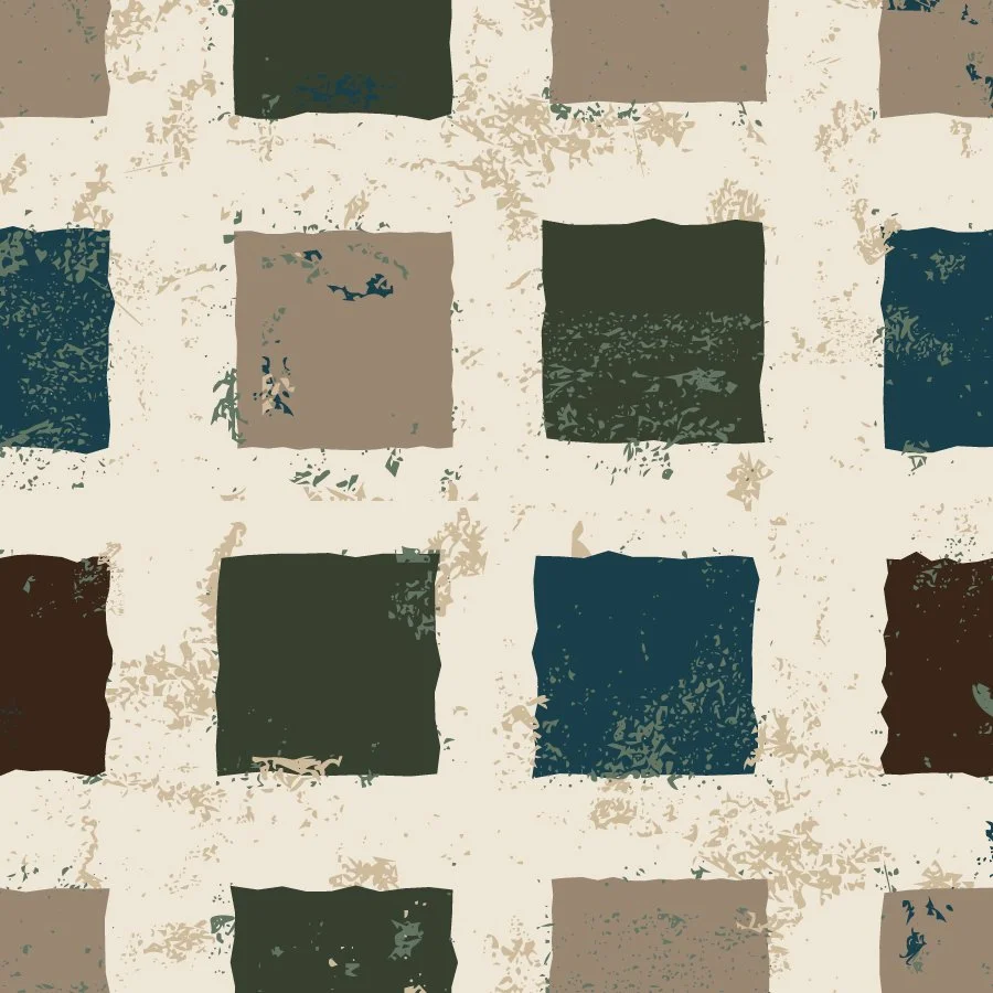 An abstract pattern of irregularly shaped squares in various shades of green, blue, brown, and beige on a textured beige background.