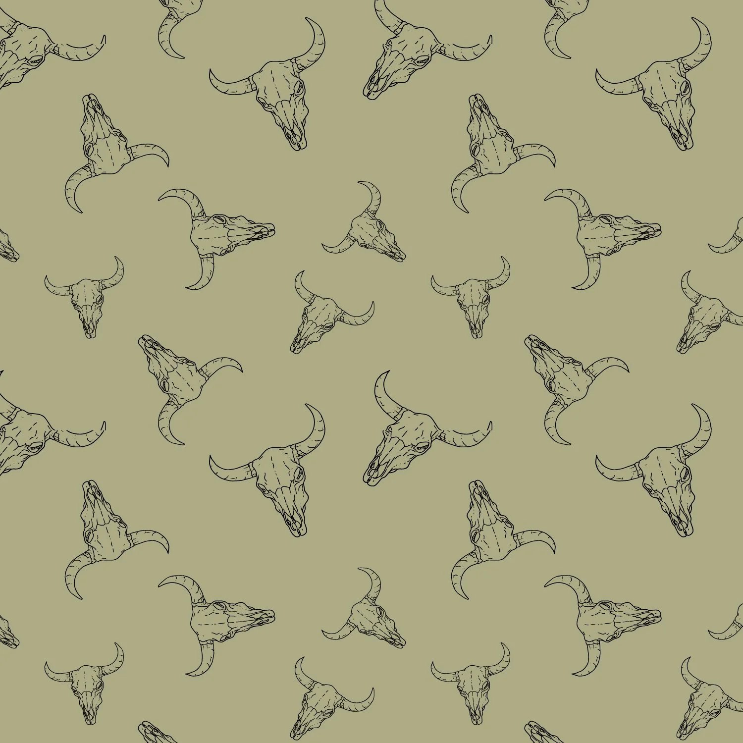 Pattern of black line art animal skulls with horns on a light olive green background.