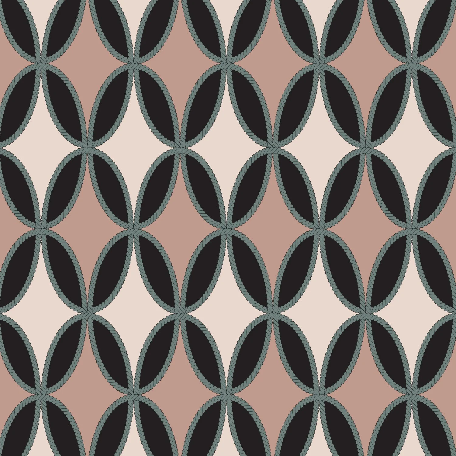 Lariat, a geometric surface pattern inspired by vintage western textiles in blush, charcoal, and warm gray.
