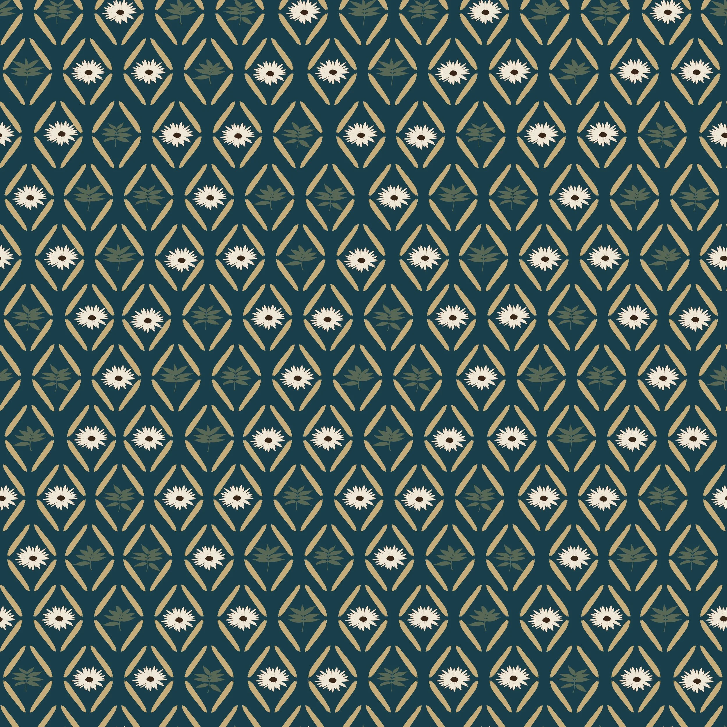 Pattern of white daisies, green leaves, and tan geometric shapes on a dark teal background.