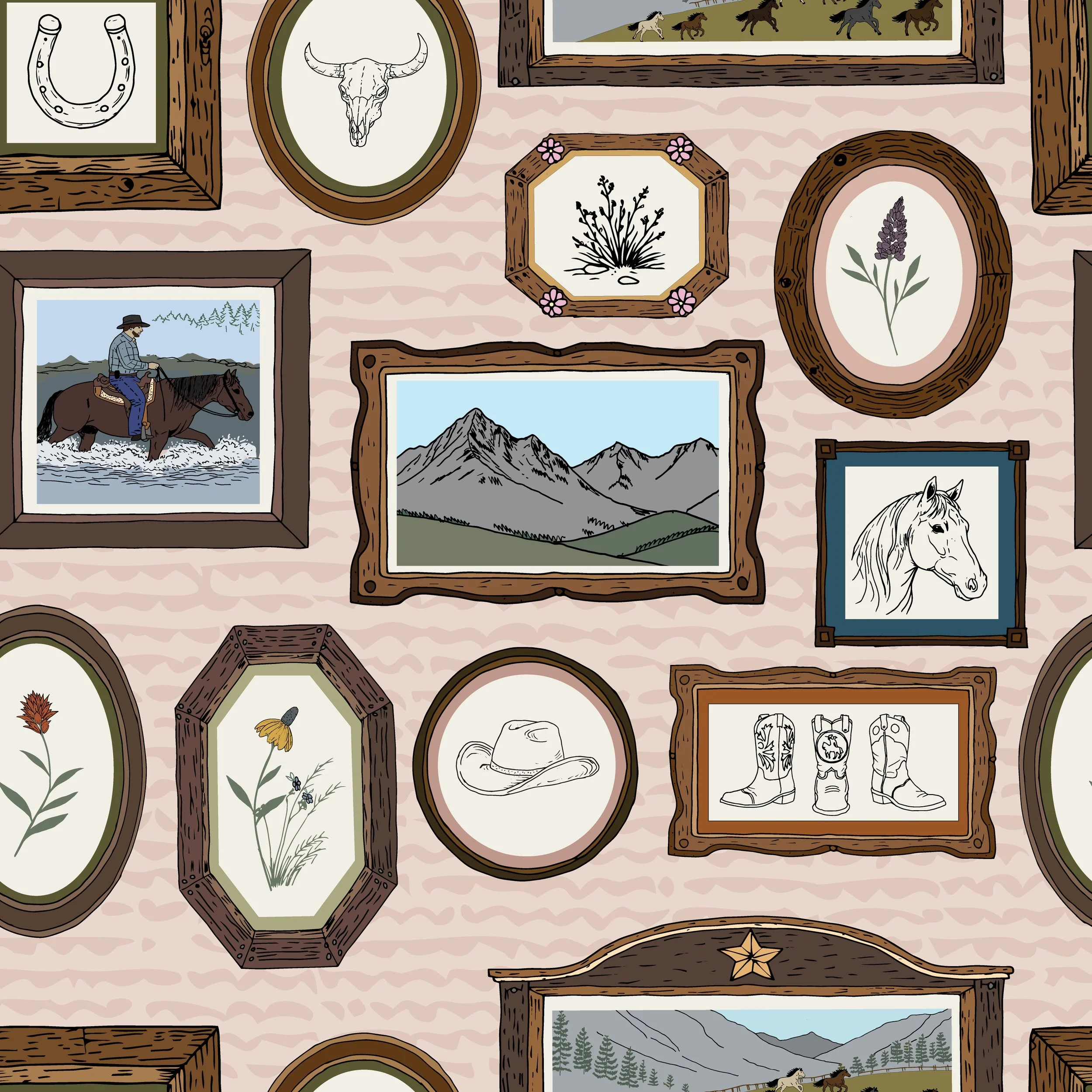 Patterns of framed images on a wall, including drawings of mountains, plants, animals, and people, with decorative wooden borders.