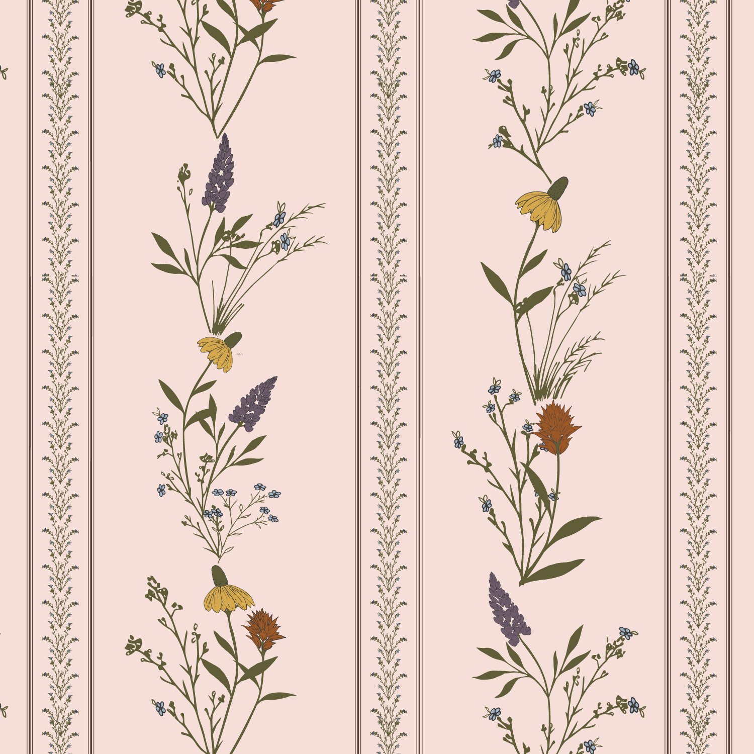 Pattern with vertical floral motifs featuring purple lavender, yellow flowers, and small blue flowers on a light pink background.