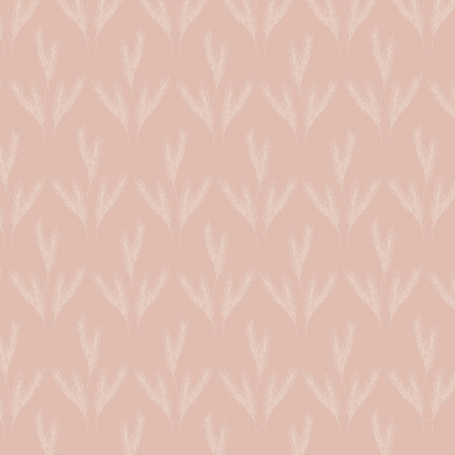 Open Pasture, a hand-drawn botanical surface pattern featuring delicate white sprigs on a soft blush pink background.
