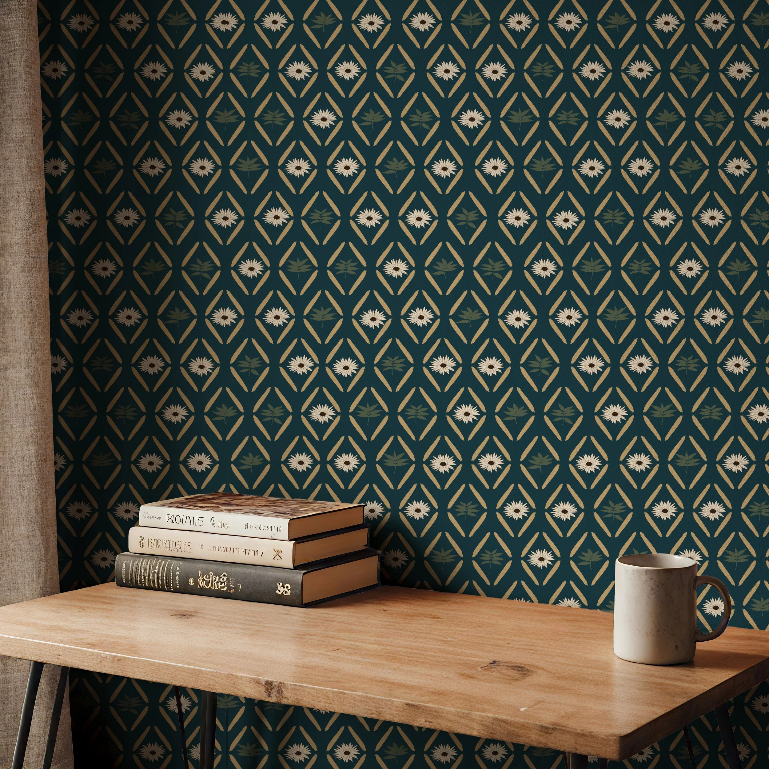Botanical wallpaper with hand-drawn daisies and leafy motifs in deep blue, green, and cream displayed in a styled interior.