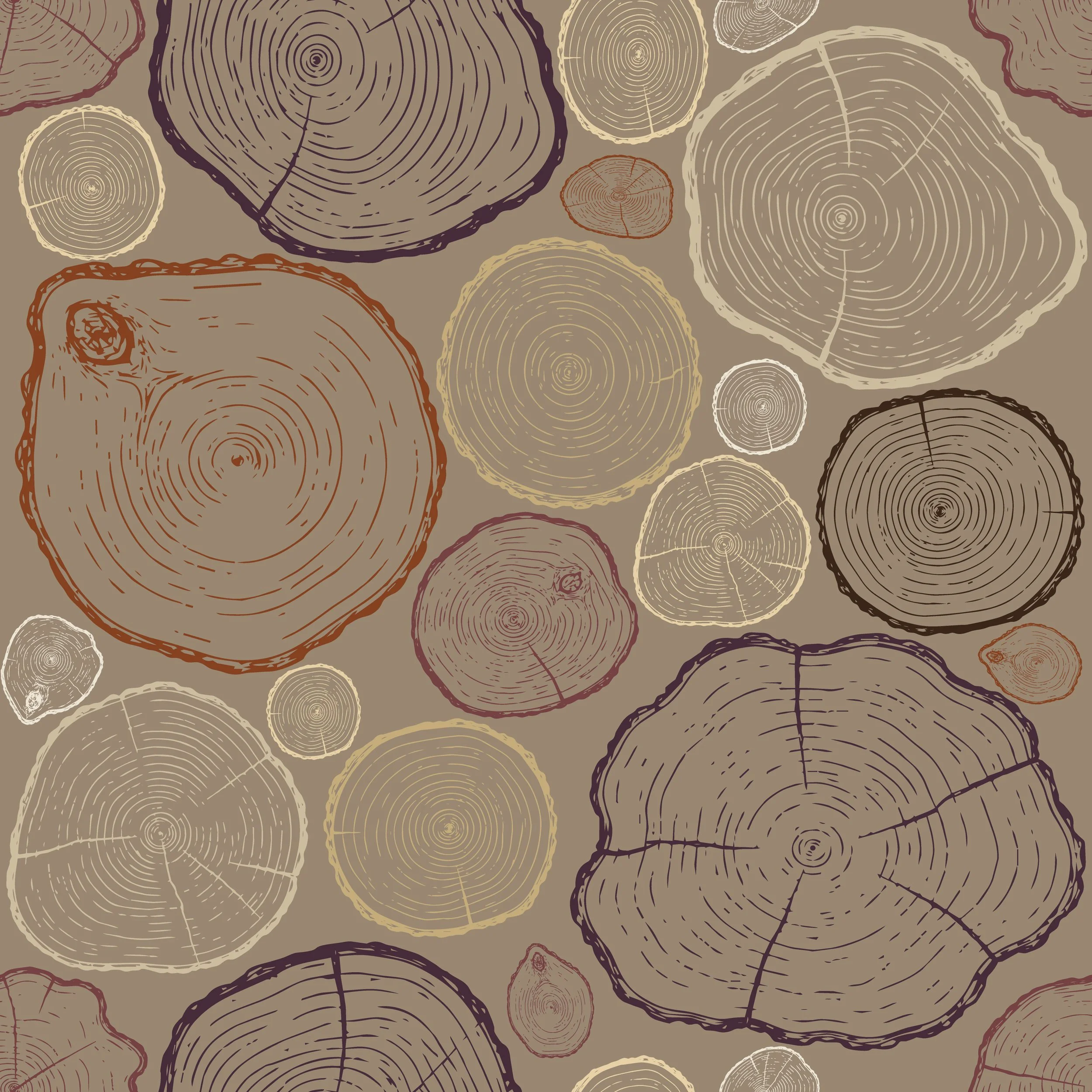 Pattern of various tree cross-sections and logs in earth tones including beige, brown, and dark purple.