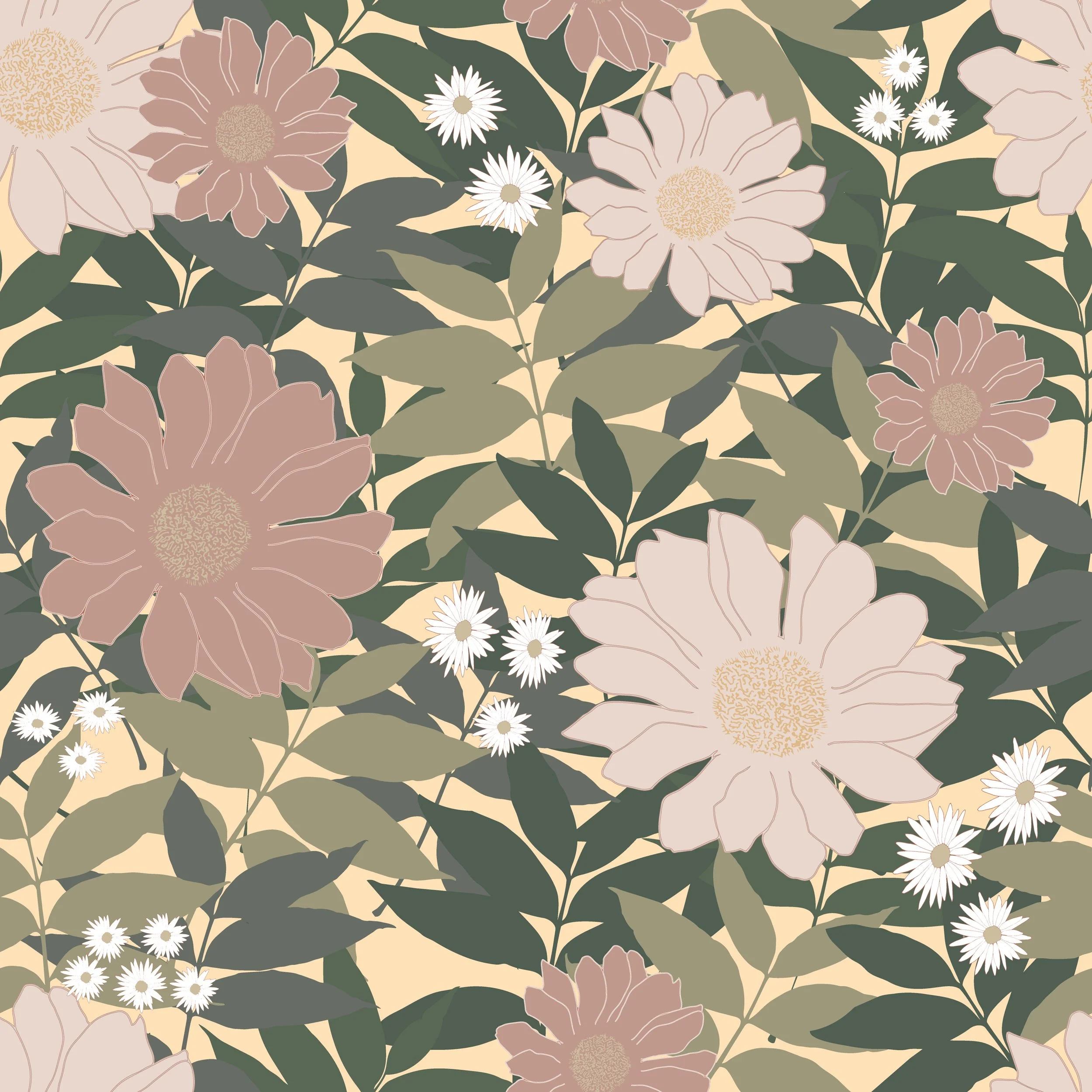 A seamless floral pattern featuring large beige and soft pink flowers with detailed centers, surrounded by dark green eucalyptus leaves and small white daisies, set against a beige background.
