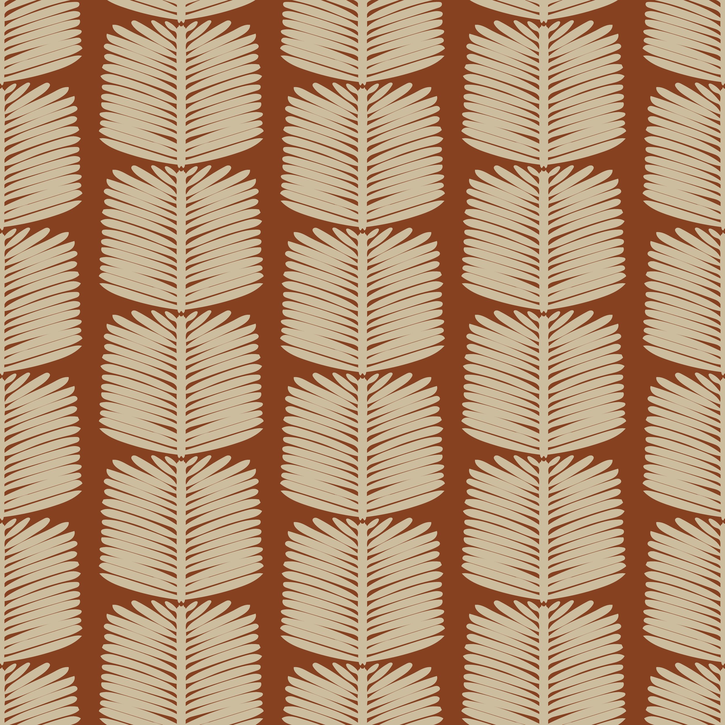 A pattern of beige leaves on a brown background, arranged in vertical columns.