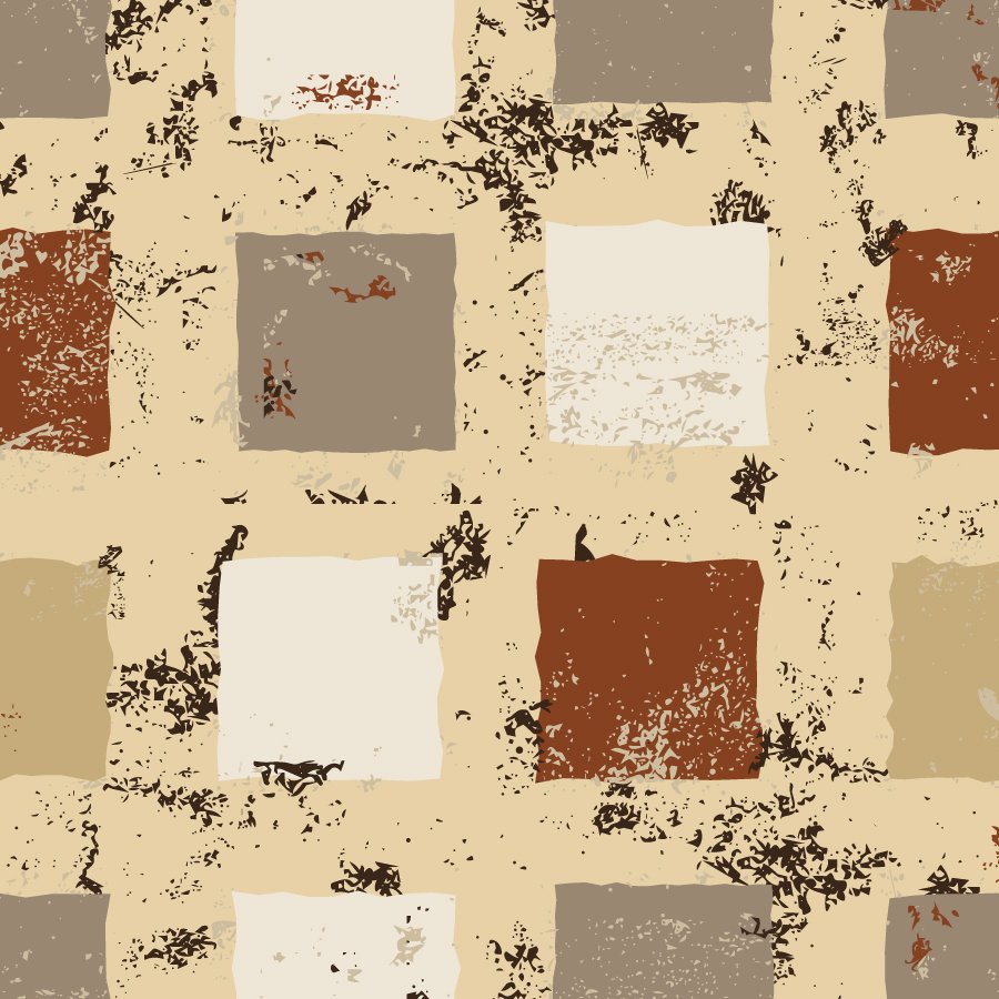 Abstract pattern of squares in beige, brown, gray, and white with black specks and textures.