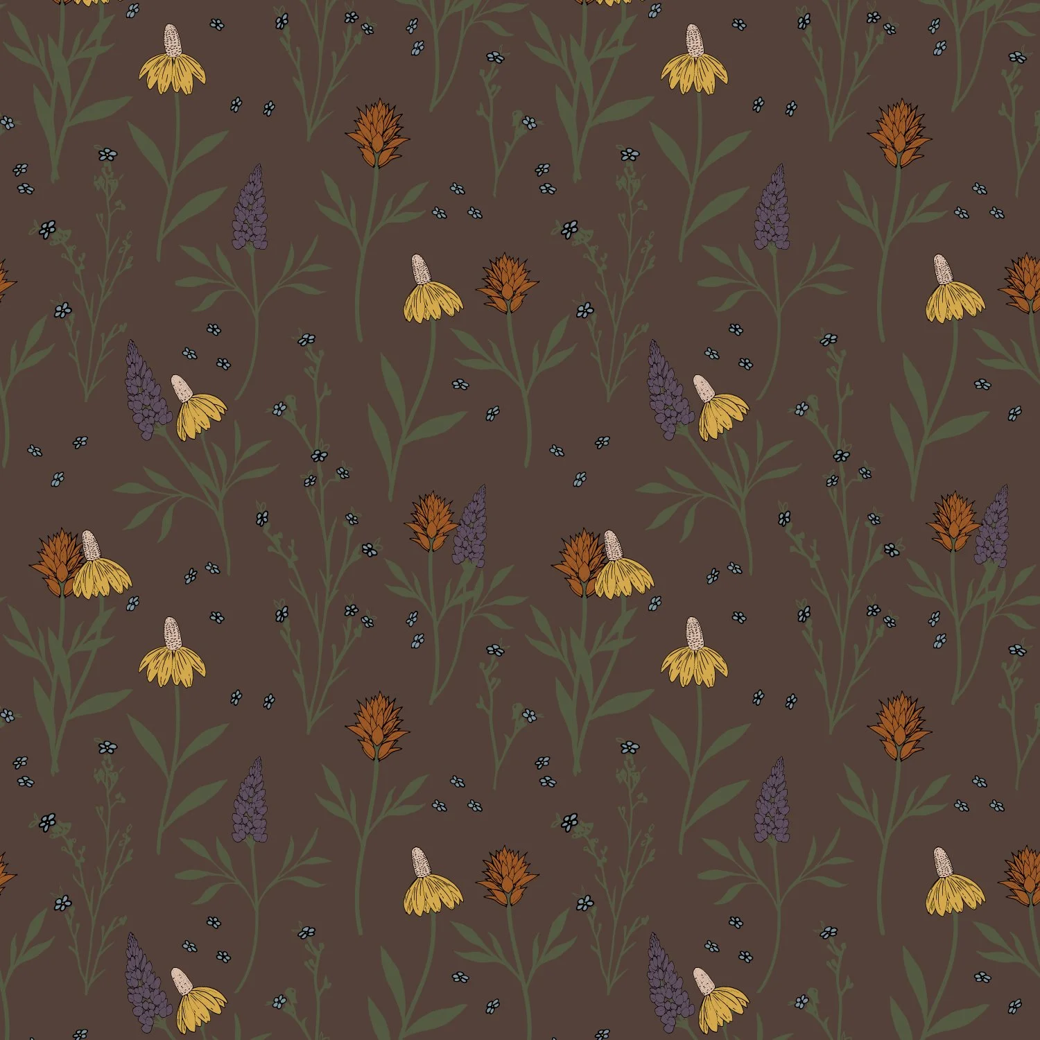 Wildflower Drift, a hand-drawn floral surface pattern featuring wildflowers, butterflies, and botanical elements on a warm brown background.

