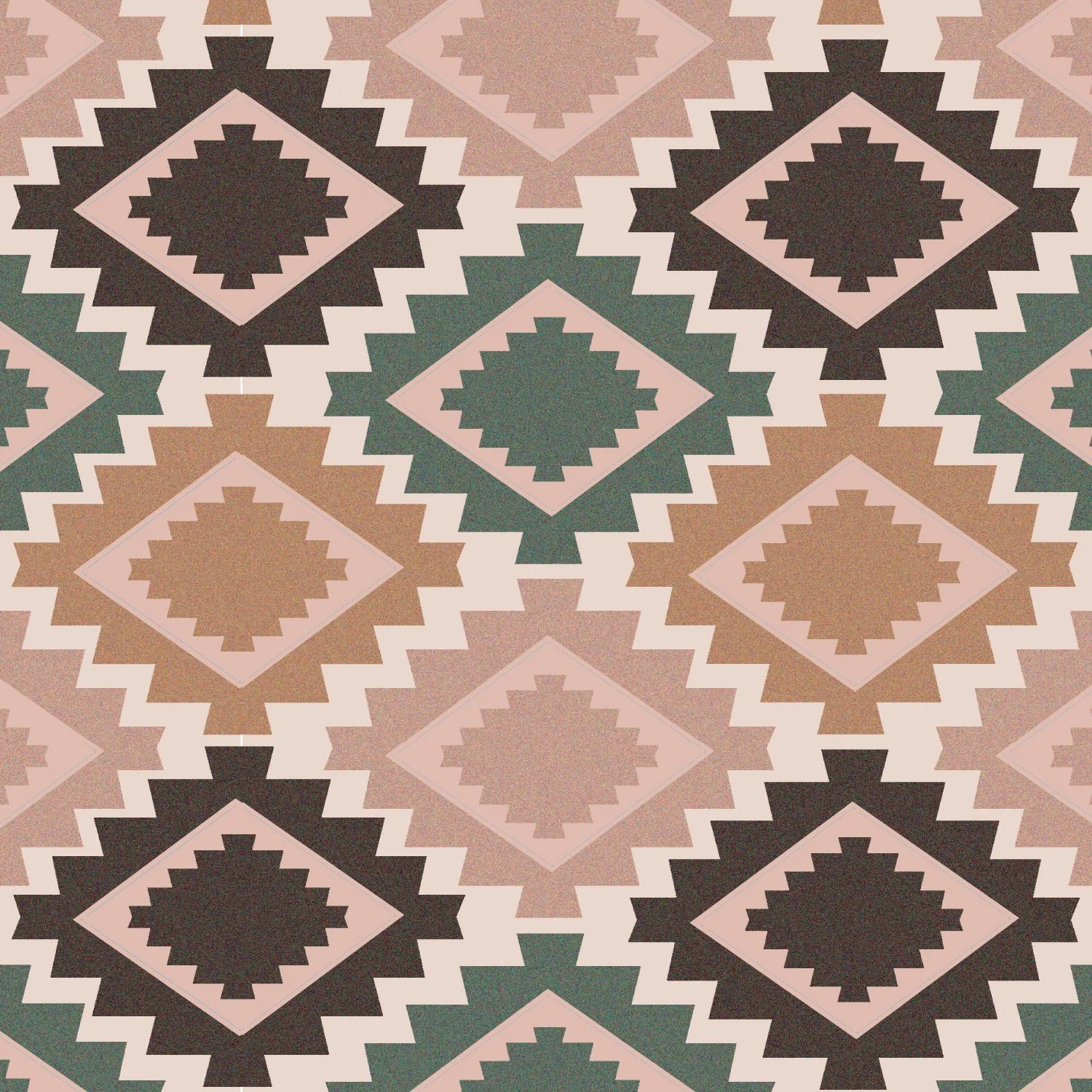 Close-up of a geometric pattern featuring diamond shapes with stepped edges in shades of black, beige, and muted pink, arranged in a repeating symmetrical design.