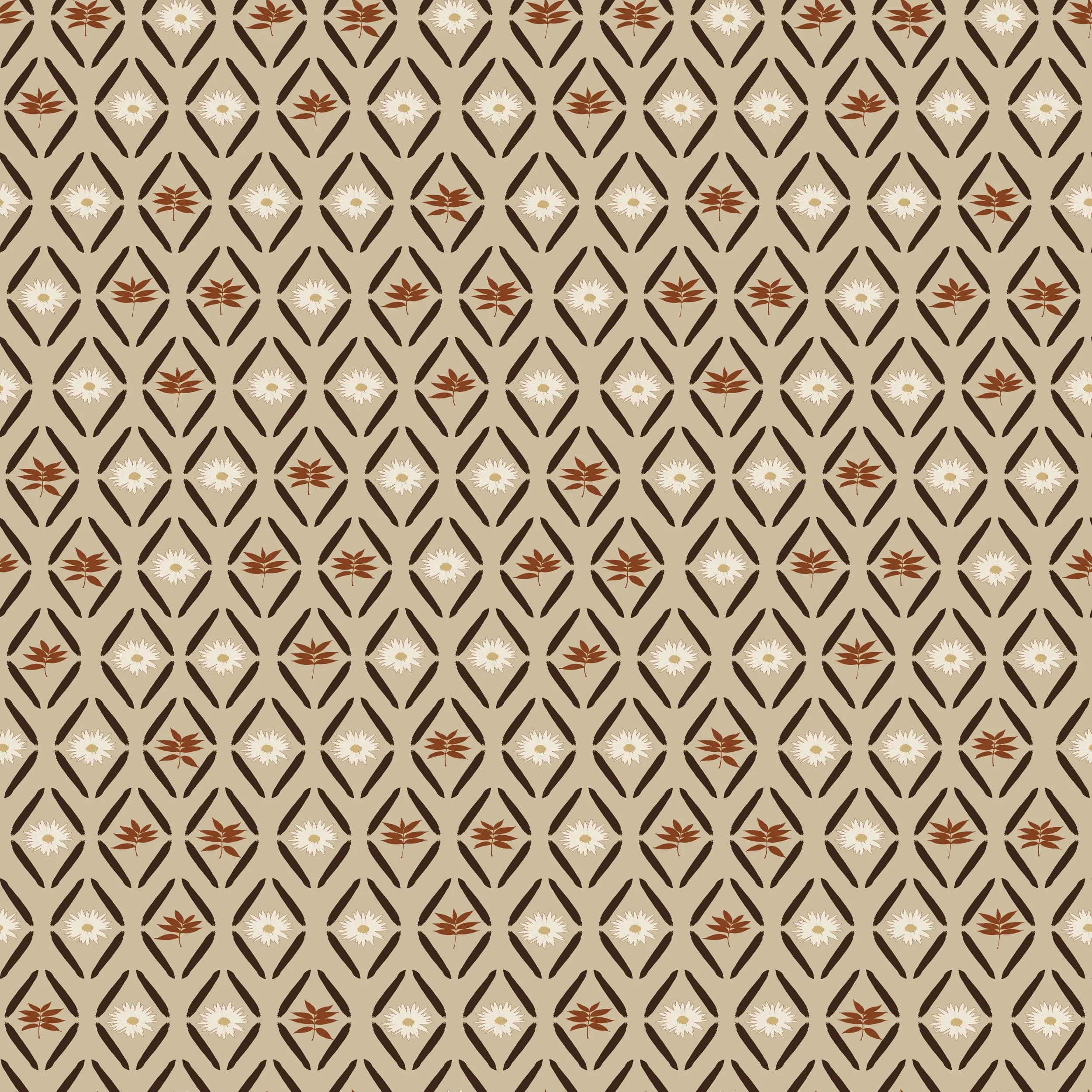 A seamless pattern with dark brown diamond shapes, white daisies with yellow centers, and reddish-brown leaves on a beige background.