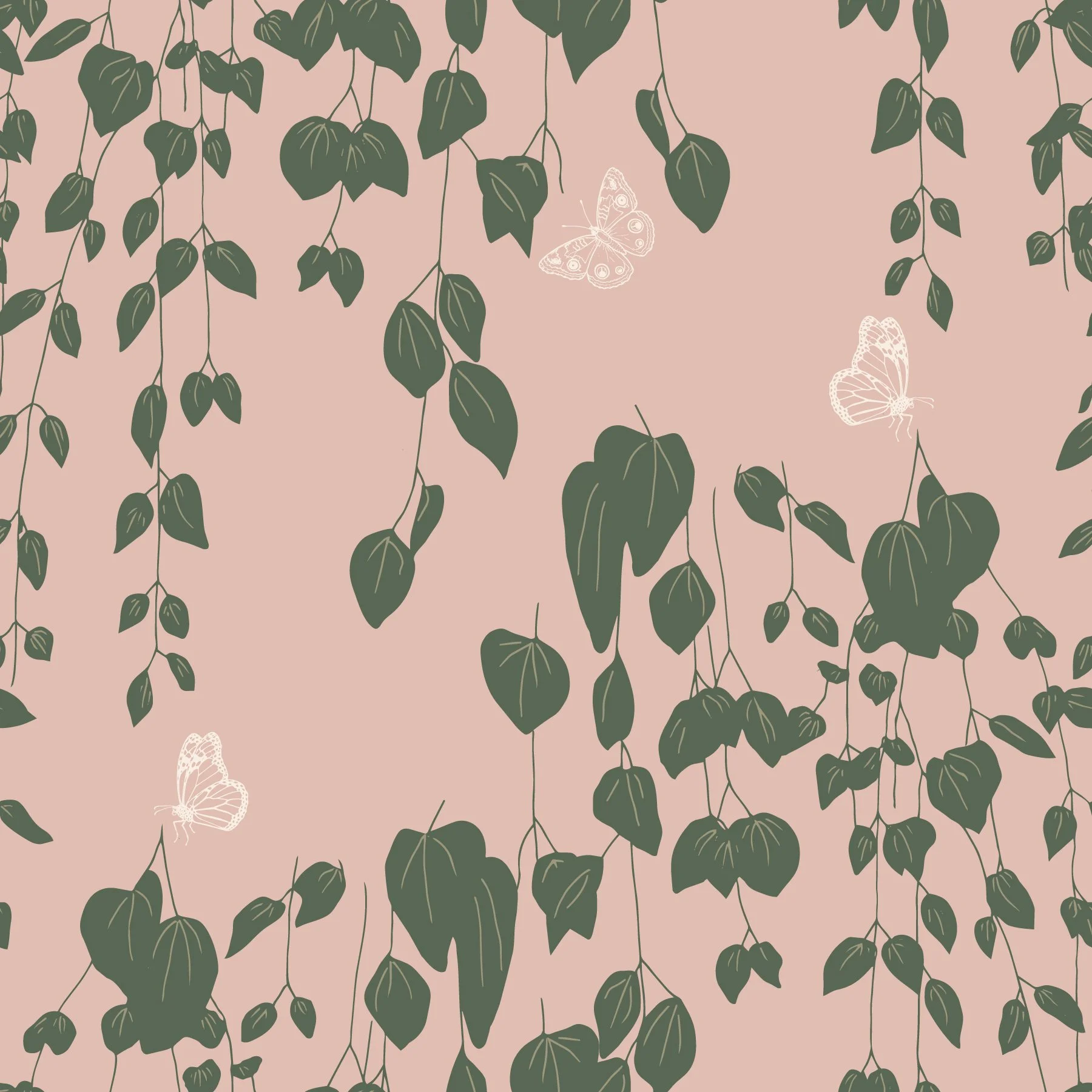 Pattern of hanging green leaves and white butterflies on a pink background.