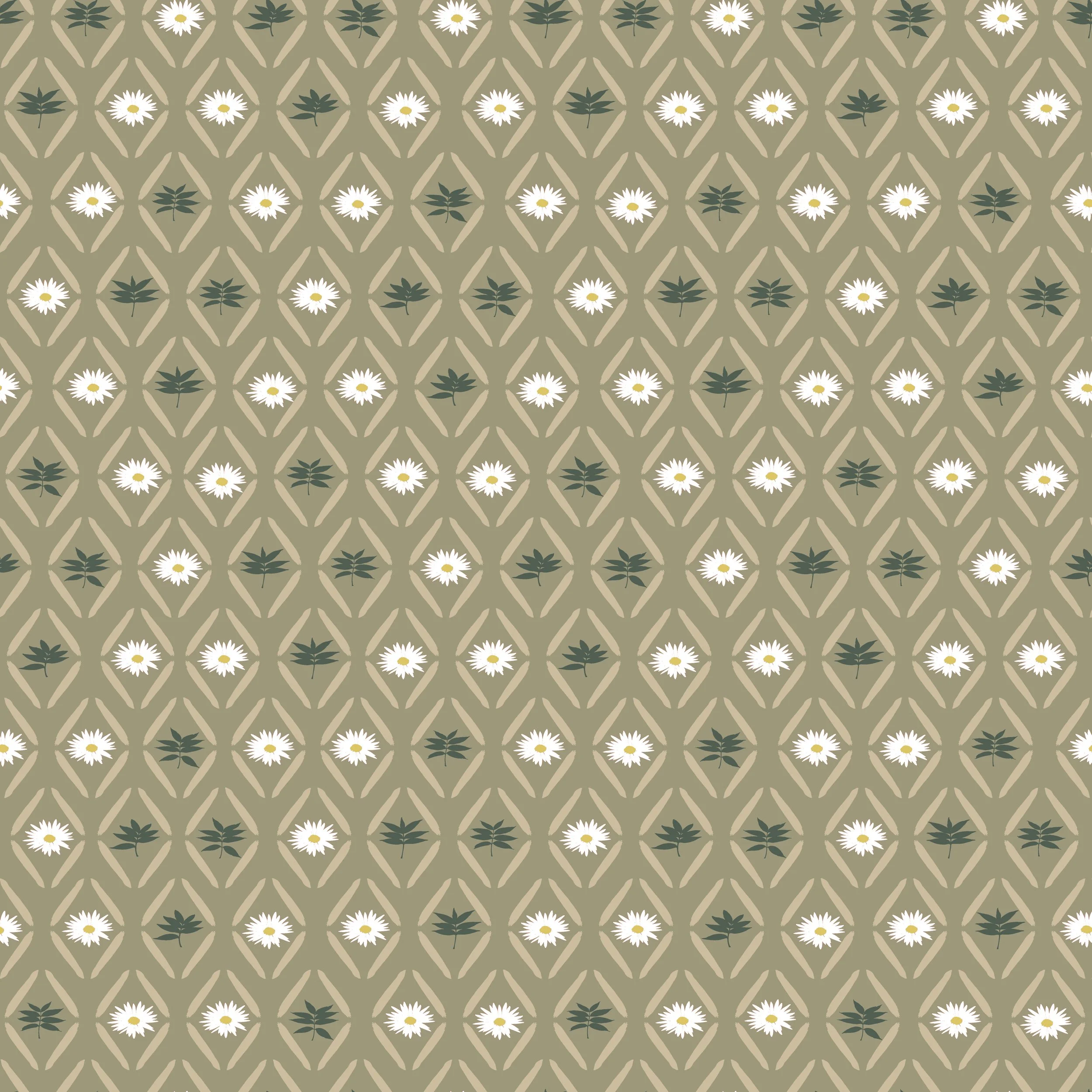 Pattern with white daisies and green leaves on a beige background.