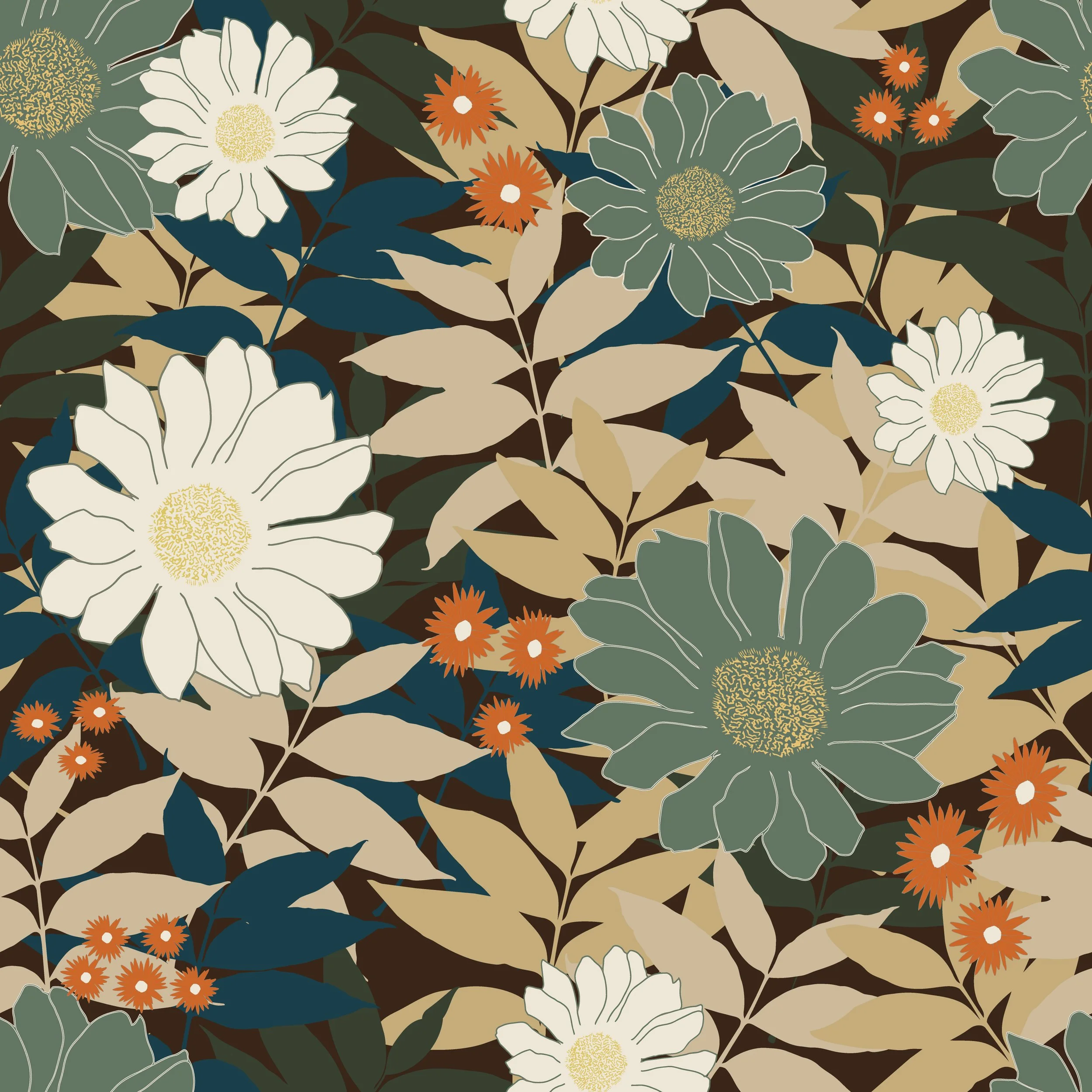 A digital illustration of a floral pattern featuring large white flowers with yellow centers, small orange flowers, and various green and beige leaves on a dark background.