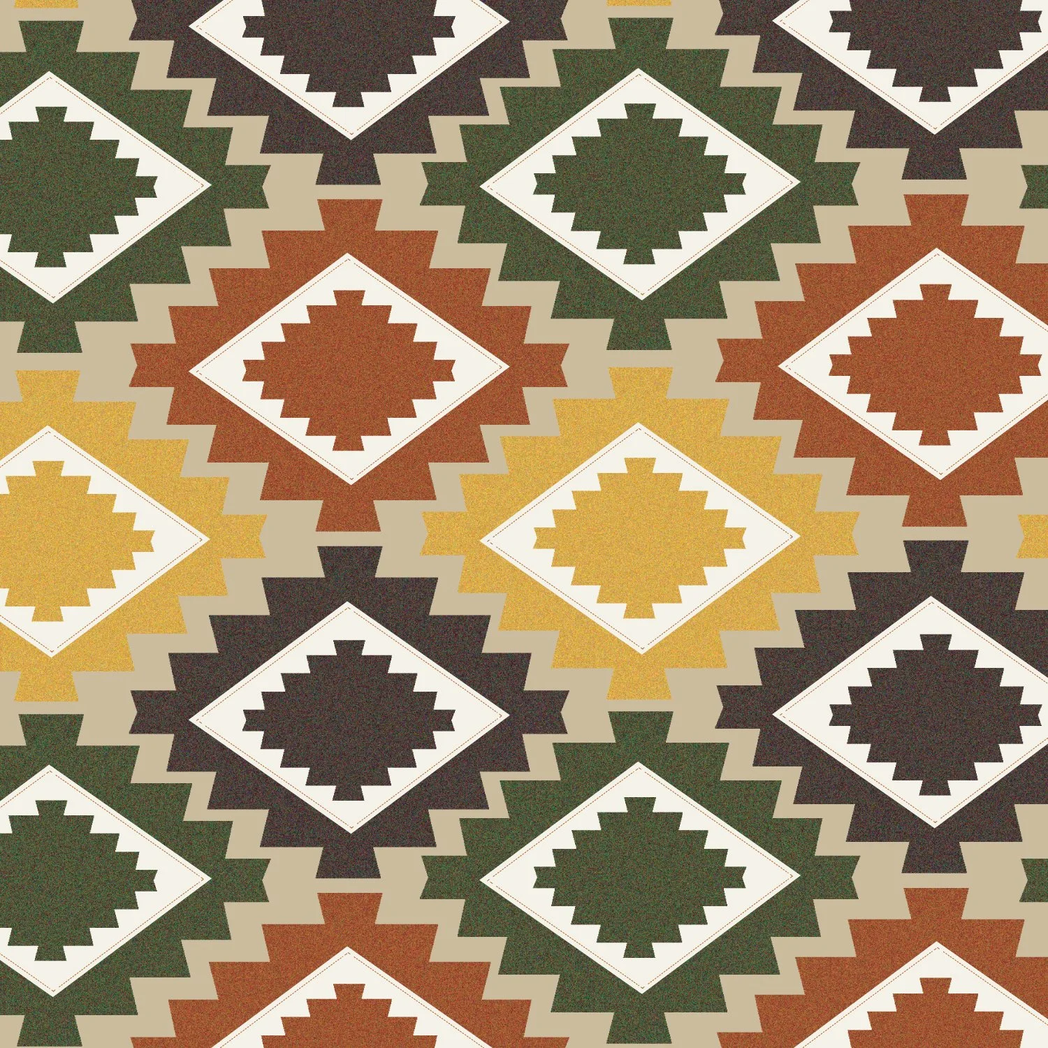 Pattern of geometric designs with zigzag edges and diamond shapes in earthy tones of black, brown, yellow, and beige.
