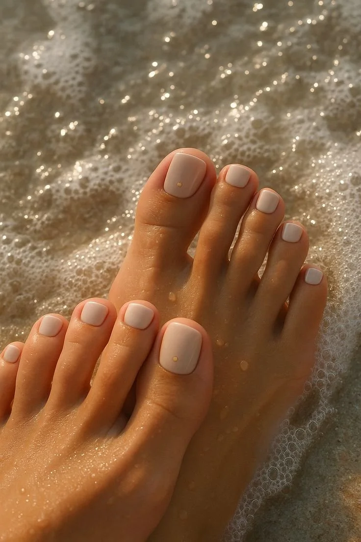 Close-up of two feet with white painted toenails, submerged in foamy ocean water.