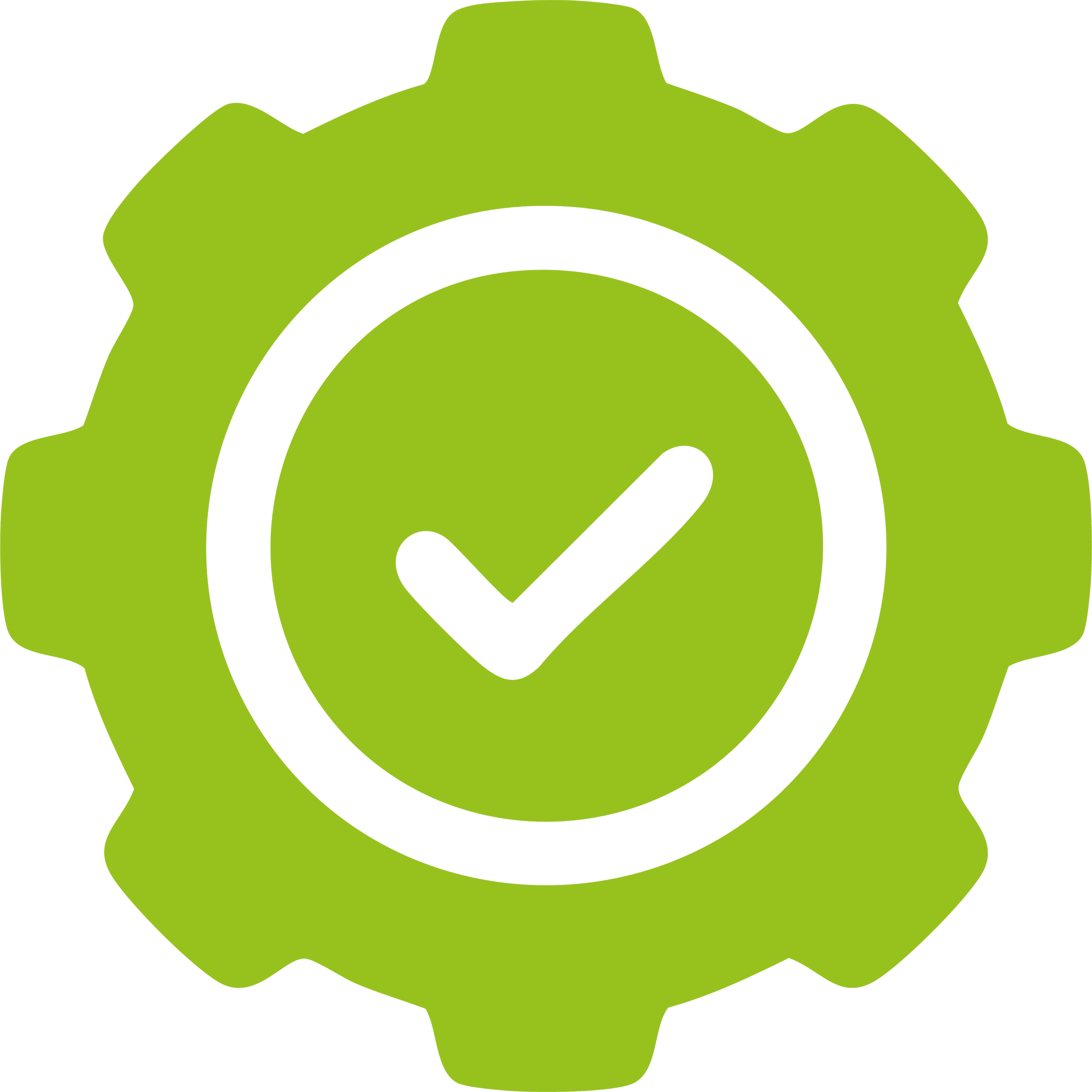 A green gear with a black checkmark inside a circle on a black background.