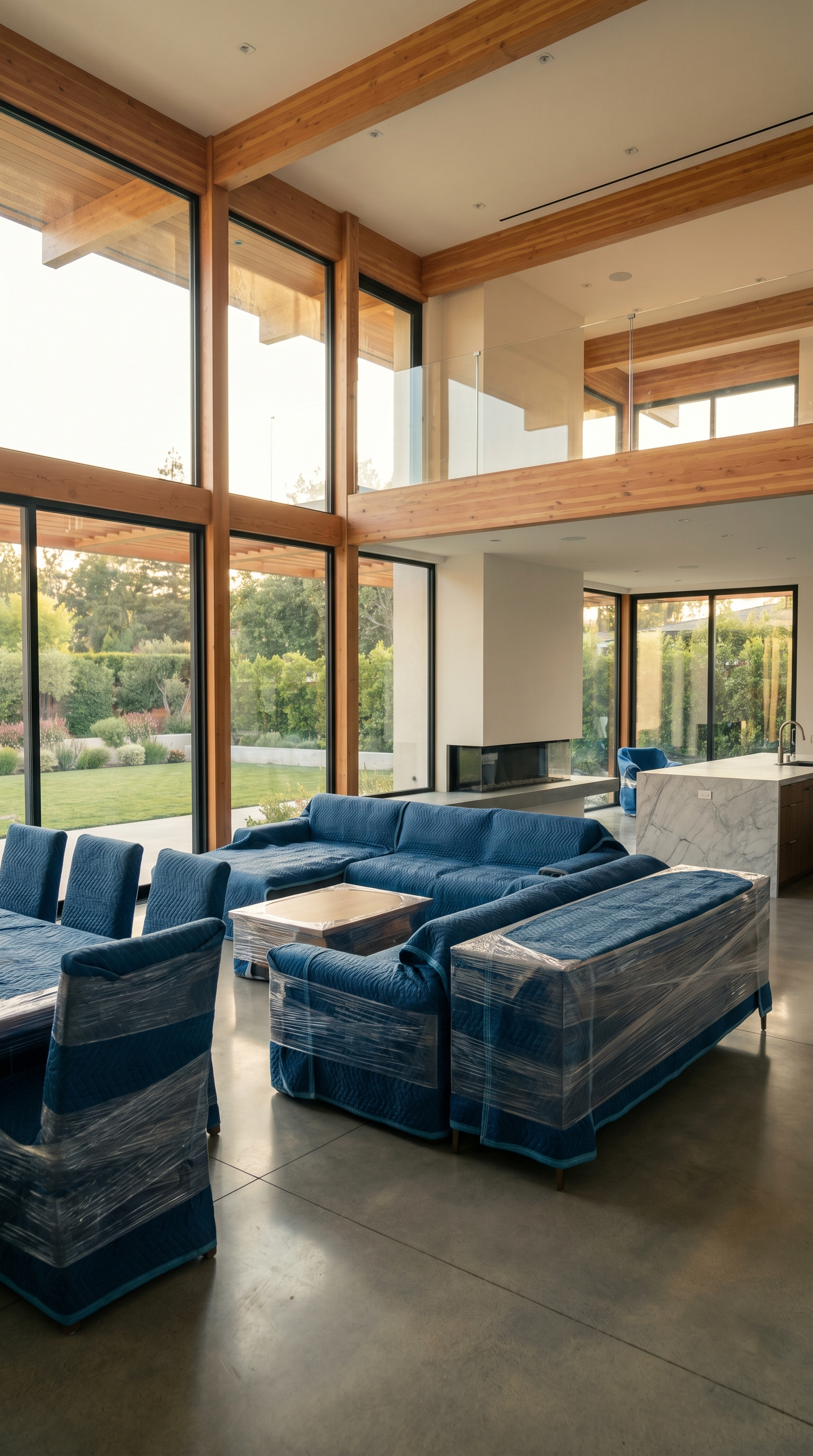 Modern living room with large windows, blue upholstered furniture, and a view of greenery outside. Indoor has wooden beams and a fireplace.